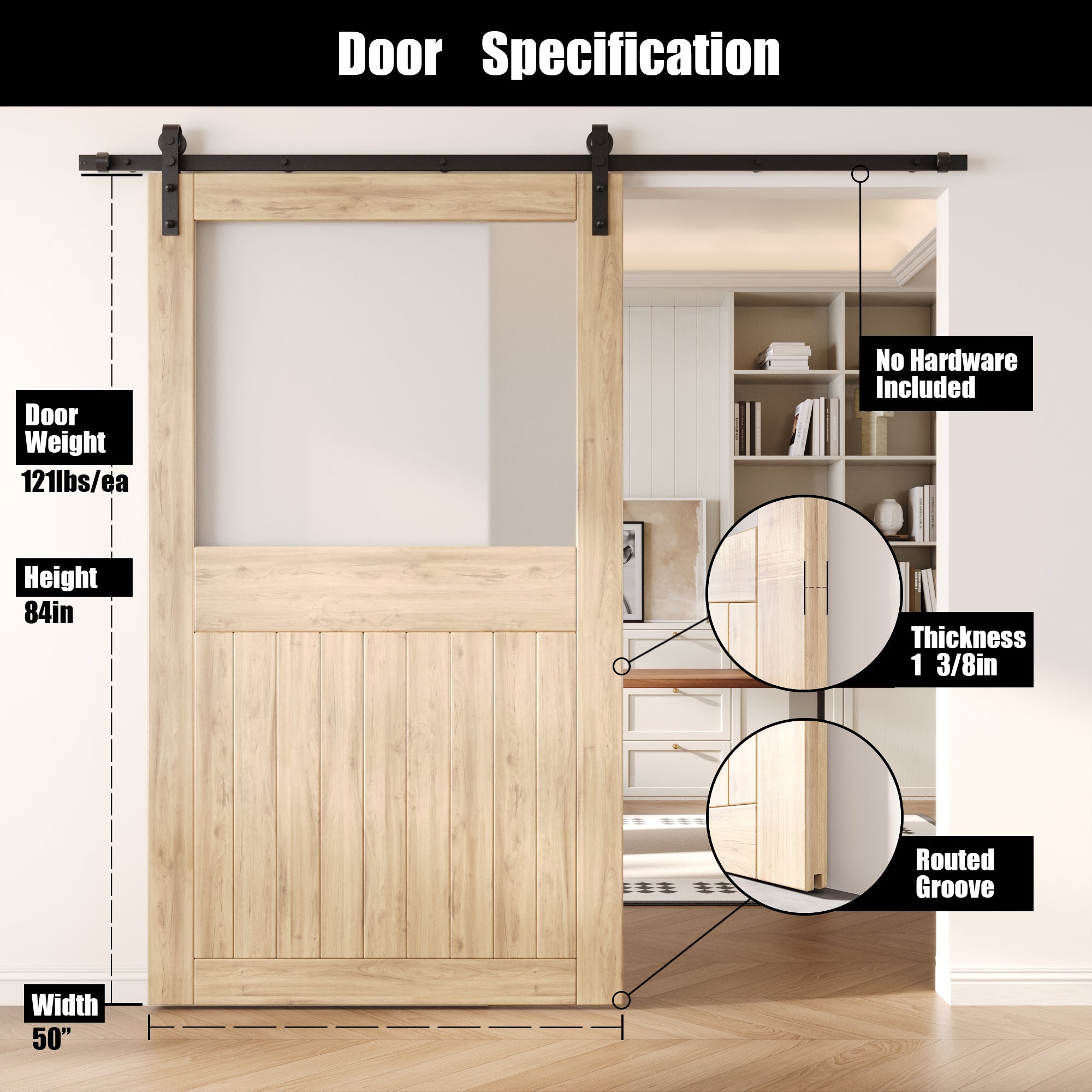 84" Height Half Lite Frosted Glass Unassembled & Unfinished Pine Wood Barn Door (Interior Use Only)