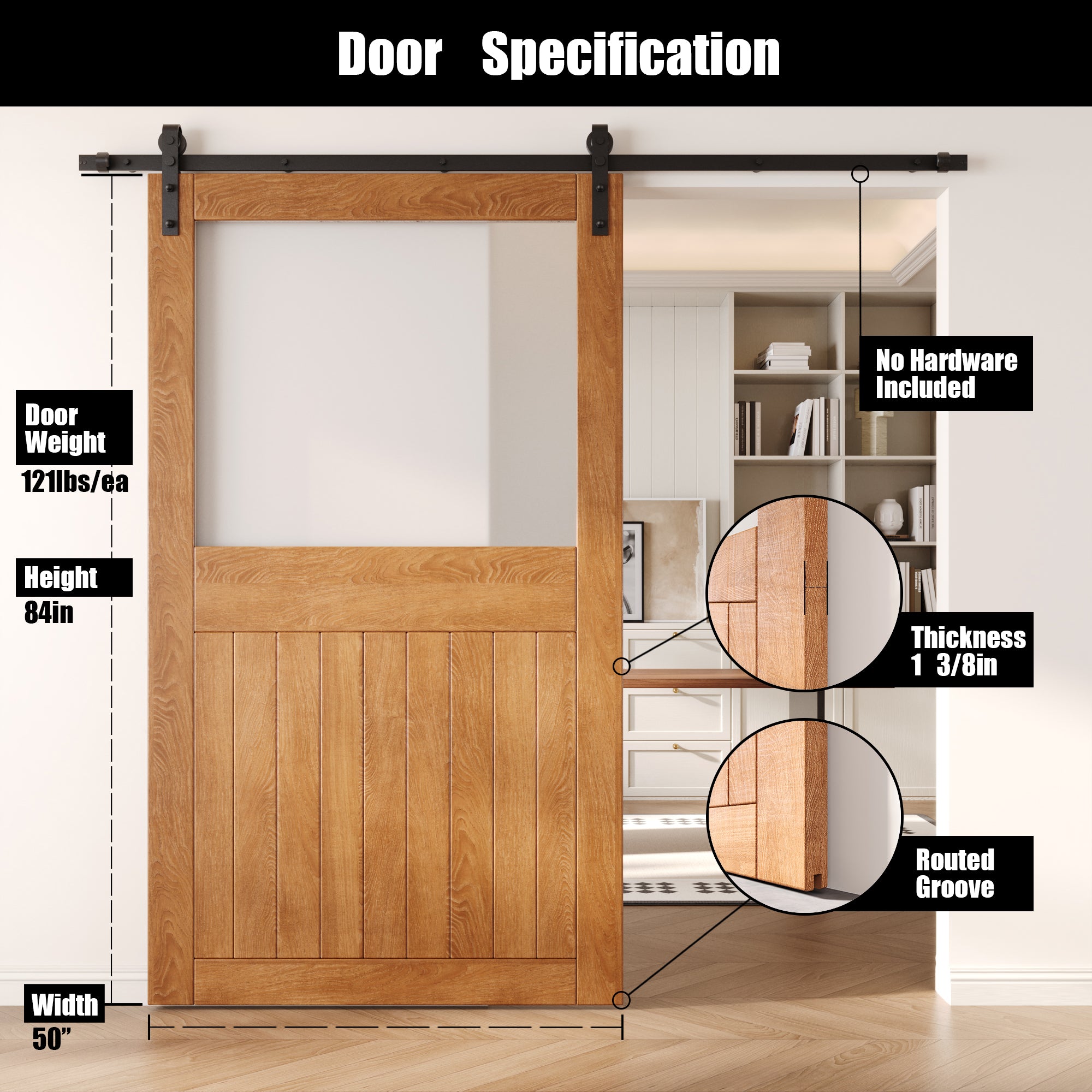 84" Height Early American Half Lite Frosted Glass Unassembled & Finished Pine Wood Barn Door (Interior Use Only)