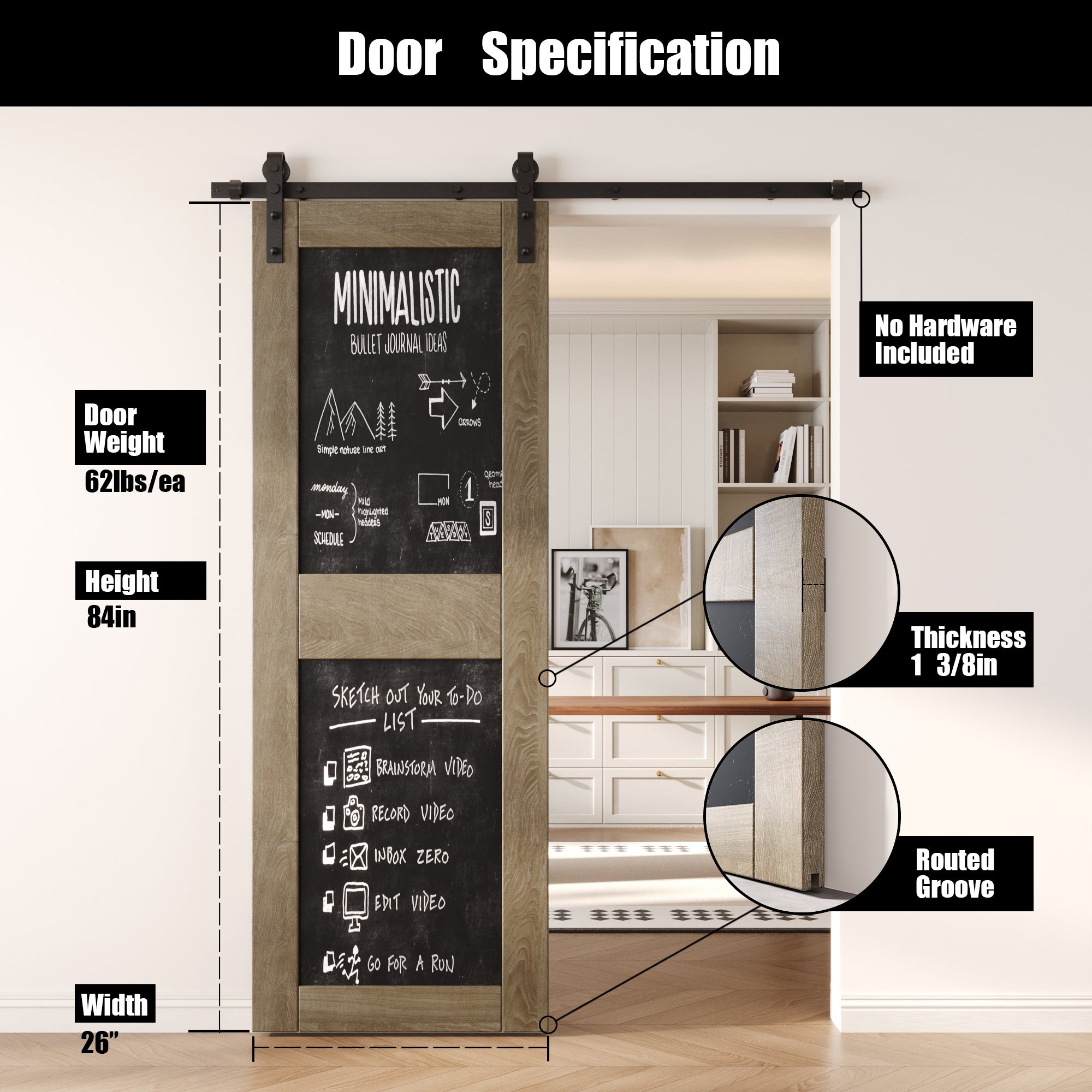 84" Height Classic Gray Chalkboard Design Unassembled & Finished Pine Wood Barn Door (Interior Use Only)