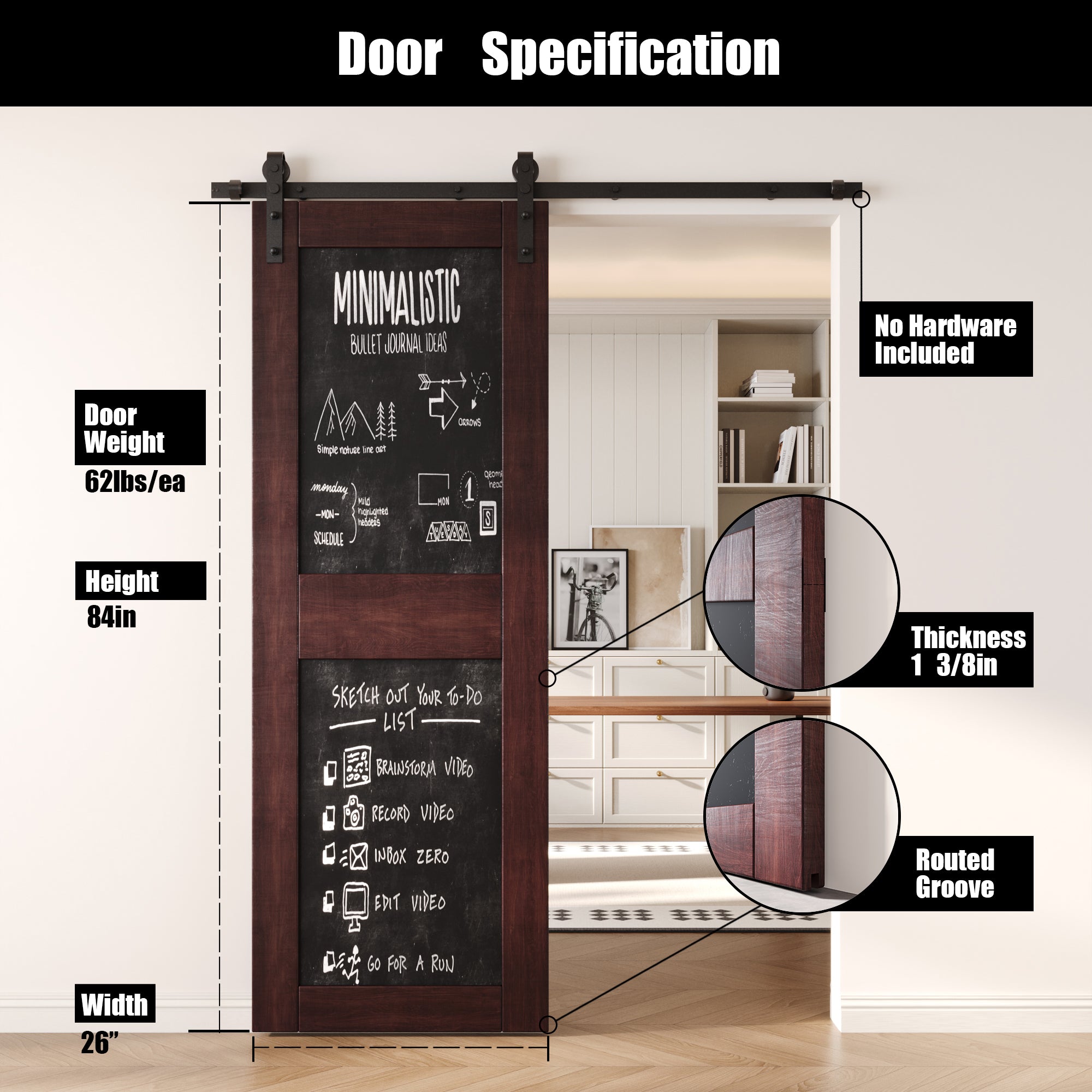 84" Height Red Mahogany Chalkboard Design Unassembled & Finished Pine Wood Barn Door (Interior Use Only)
