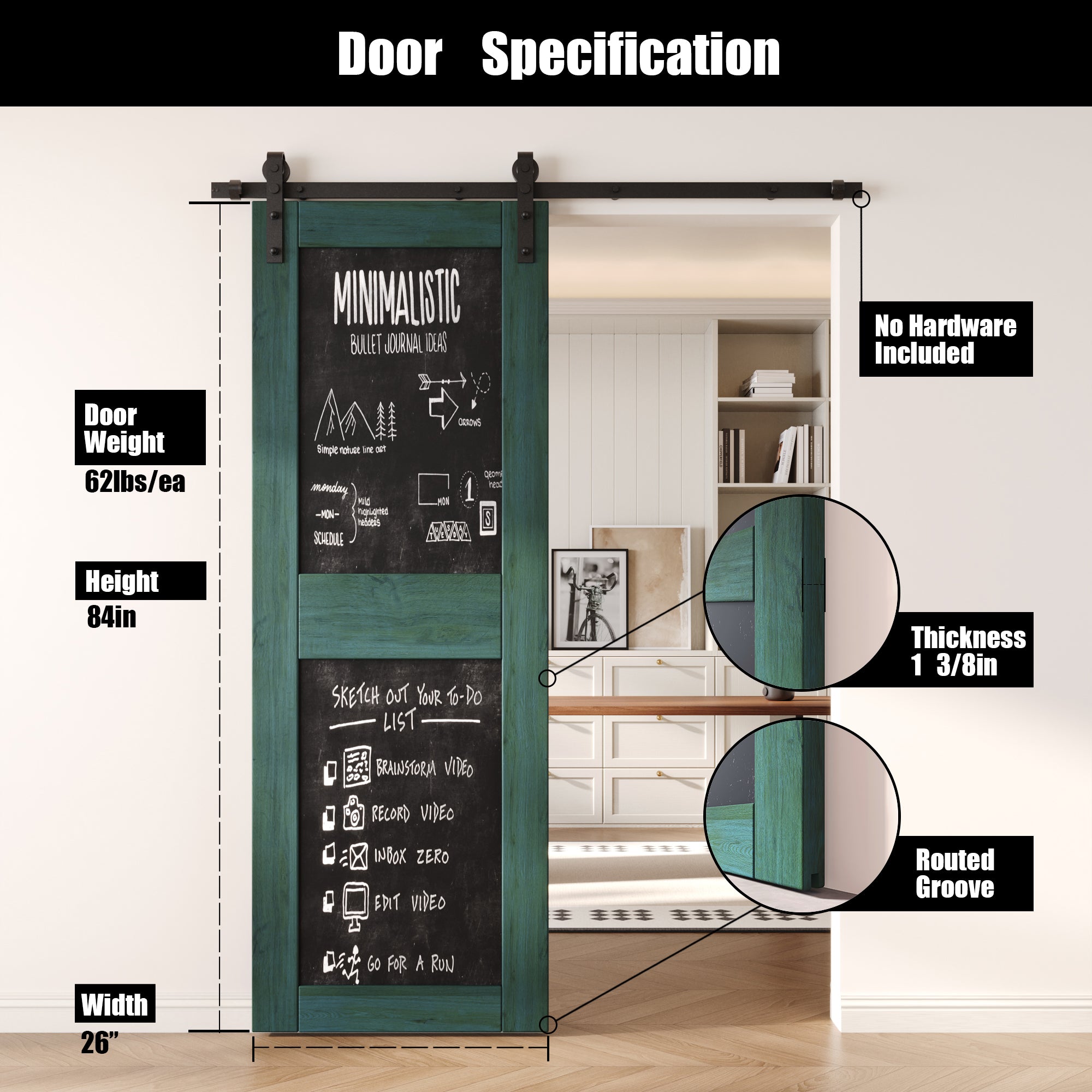 84" Height Royal Pine Chalkboard Design Unassembled & Finished Pine Wood Barn Door (Interior Use Only)