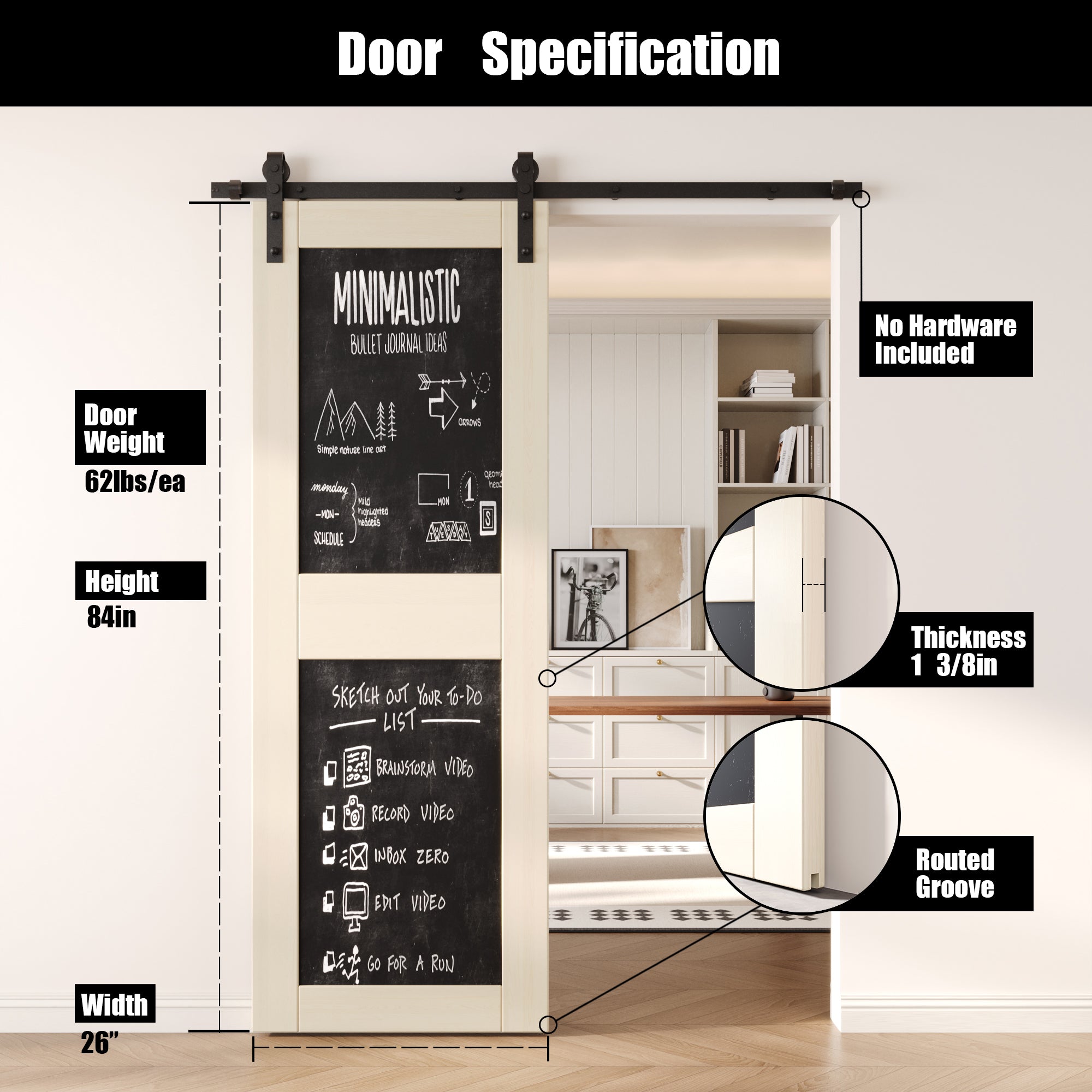 84" Height Tinsmith Gray Chalkboard Design Unassembled & Finished Pine Wood Barn Door (Interior Use Only)