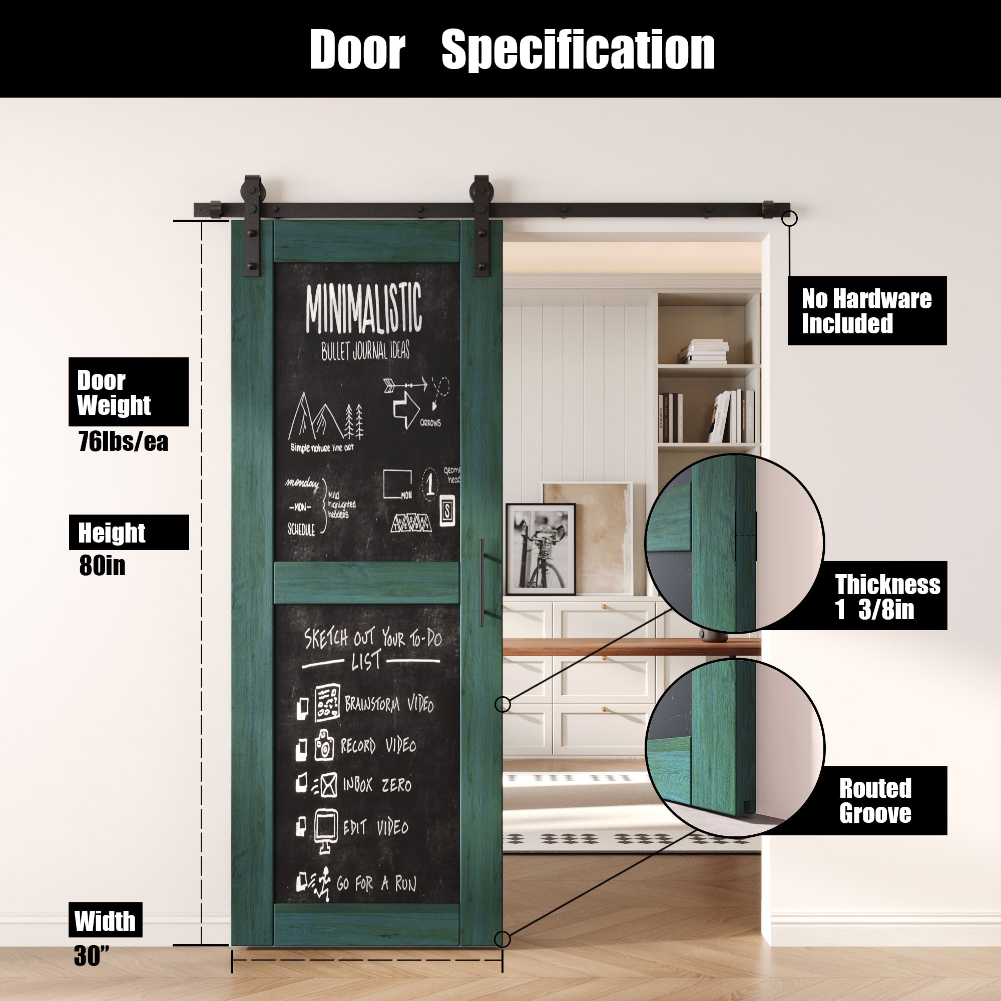 80" Height Royal Pine Chalkboard Design Unassembled & Finished Pine Wood Barn Door (Interior Use Only)