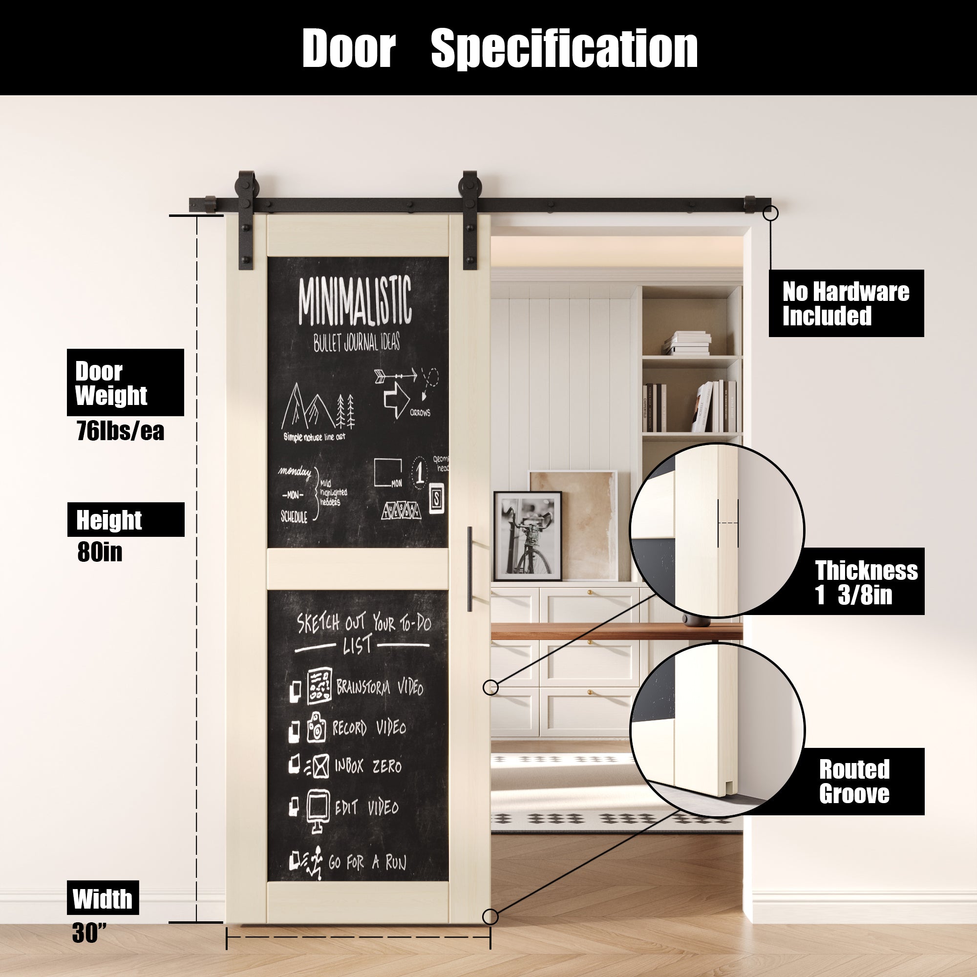 80" Height Tinsmith Gray Chalkboard Design Unassembled & Finished Pine Wood Barn Door (Interior Use Only)