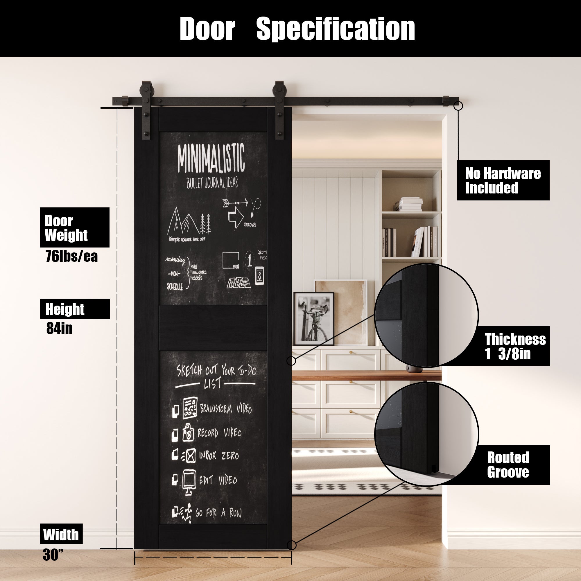 84" Height Black Chalkboard Design Unassembled & Finished Pine Wood Barn Door (Interior Use Only)