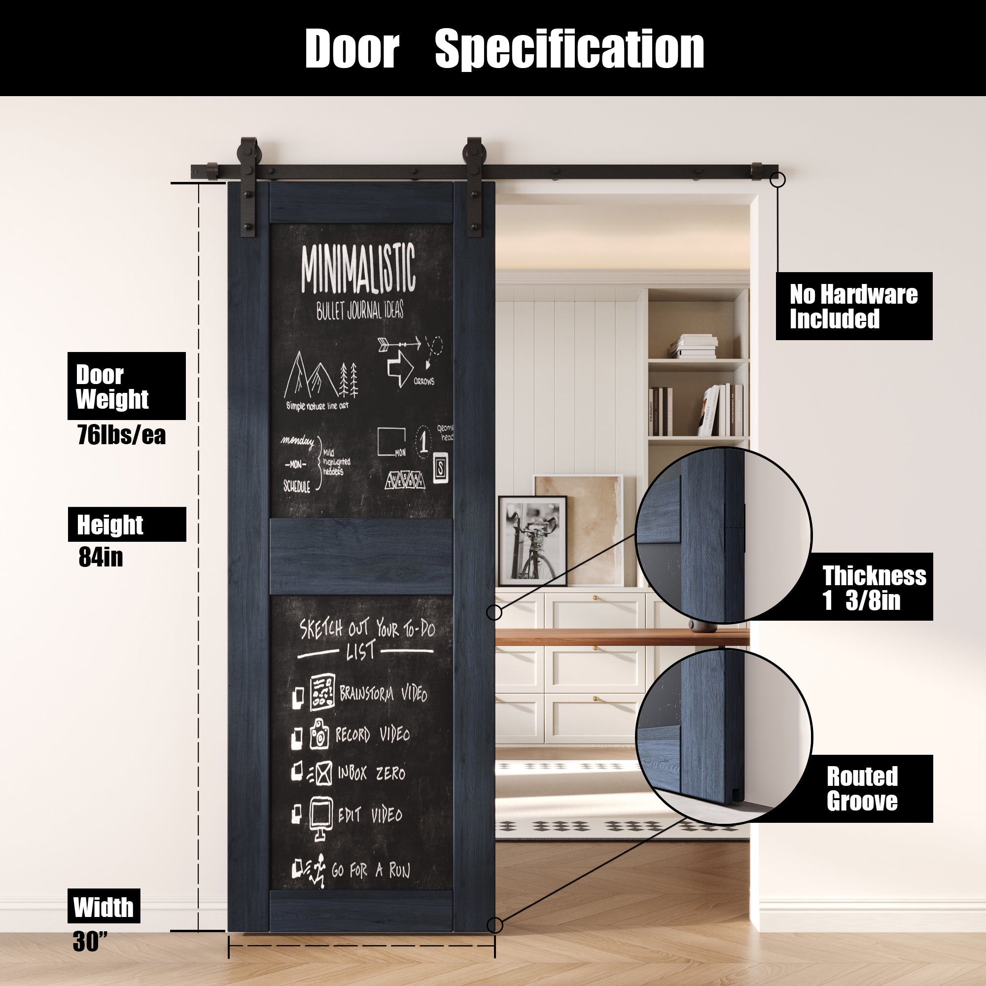 84" Height Navy Chalkboard Design Unassembled & Finished Pine Wood Barn Door (Interior Use Only)