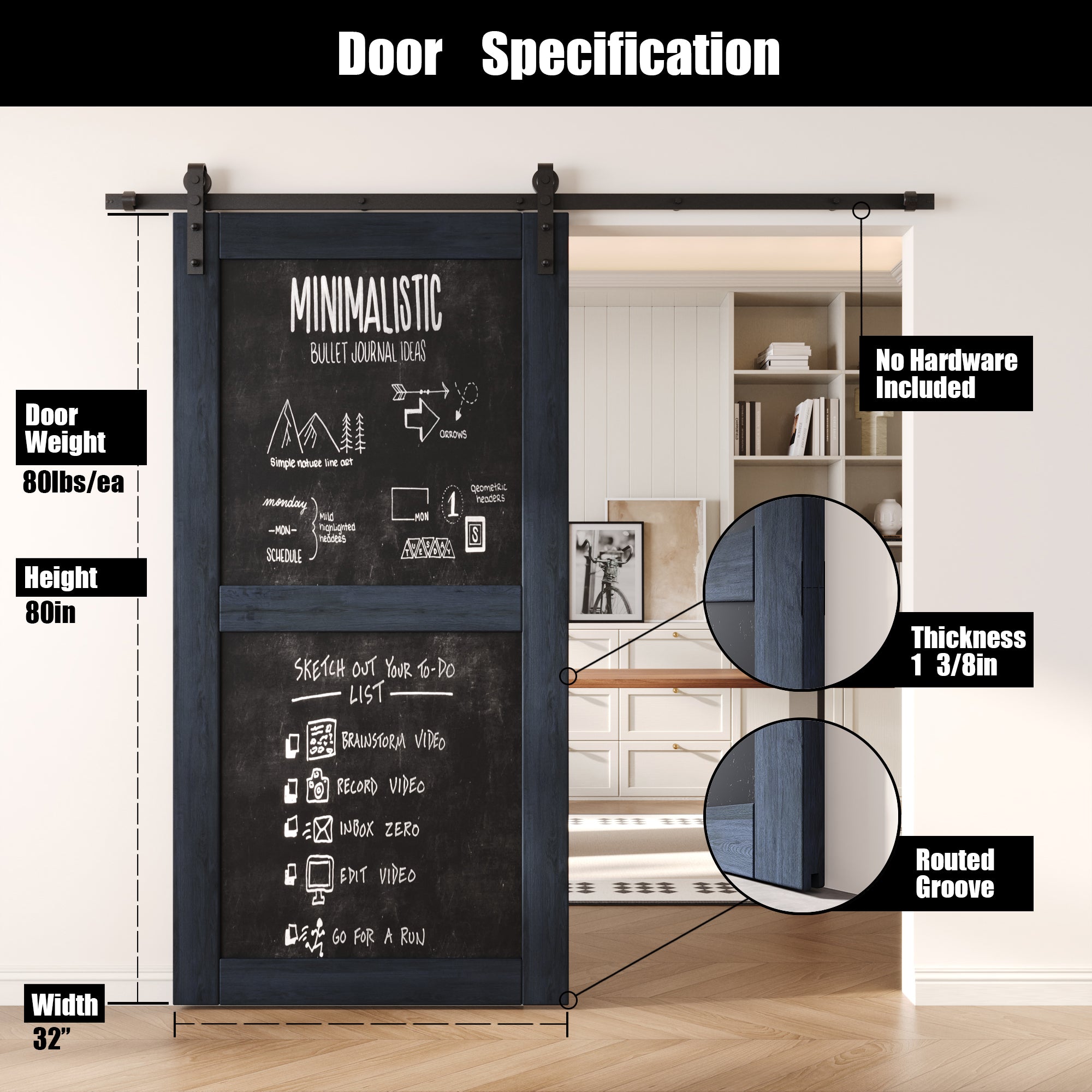 80" Height Navy Chalkboard Design Unassembled & Finished Pine Wood Barn Door (Interior Use Only)