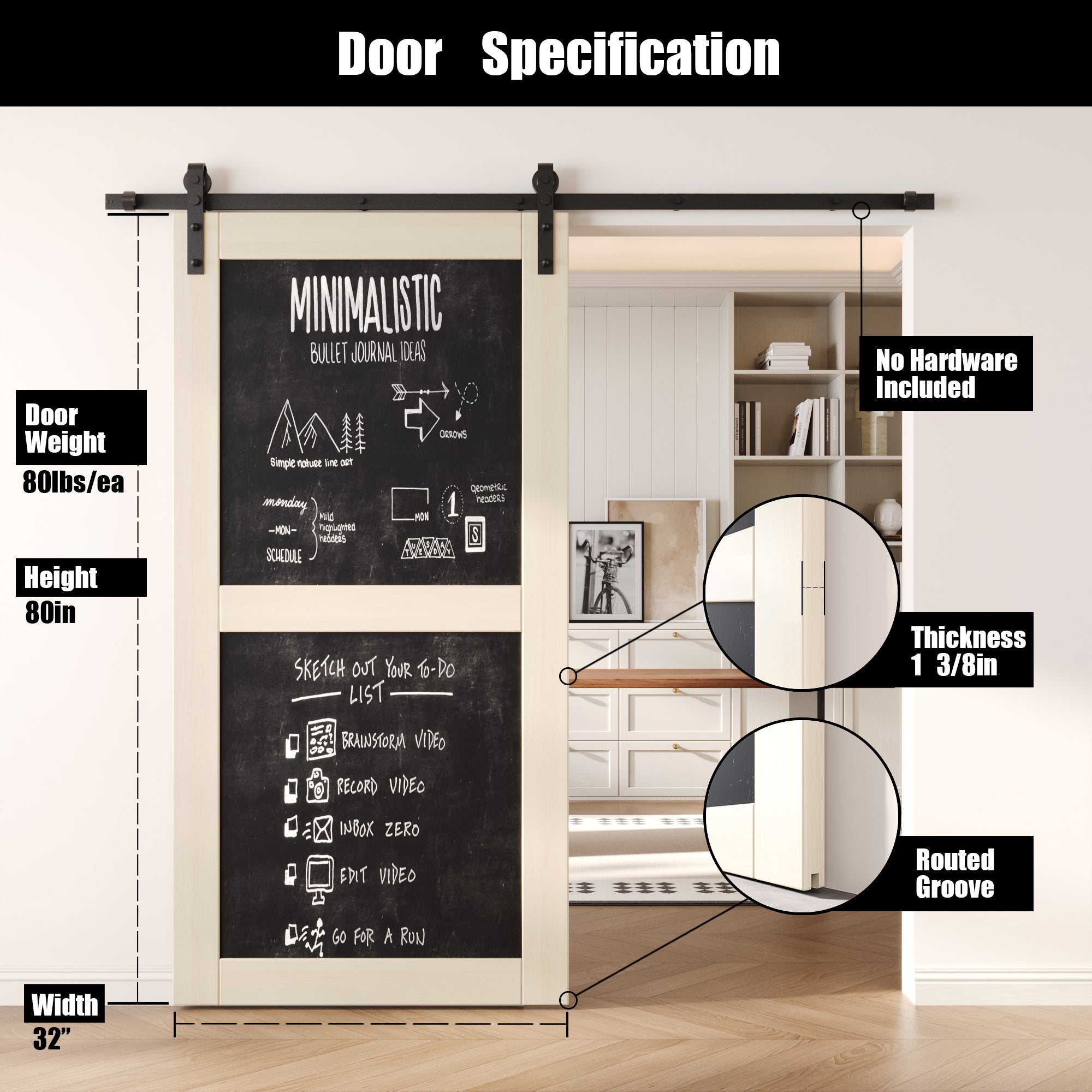 80" Height Tinsmith Gray Chalkboard Design Unassembled & Finished Pine Wood Barn Door (Interior Use Only)