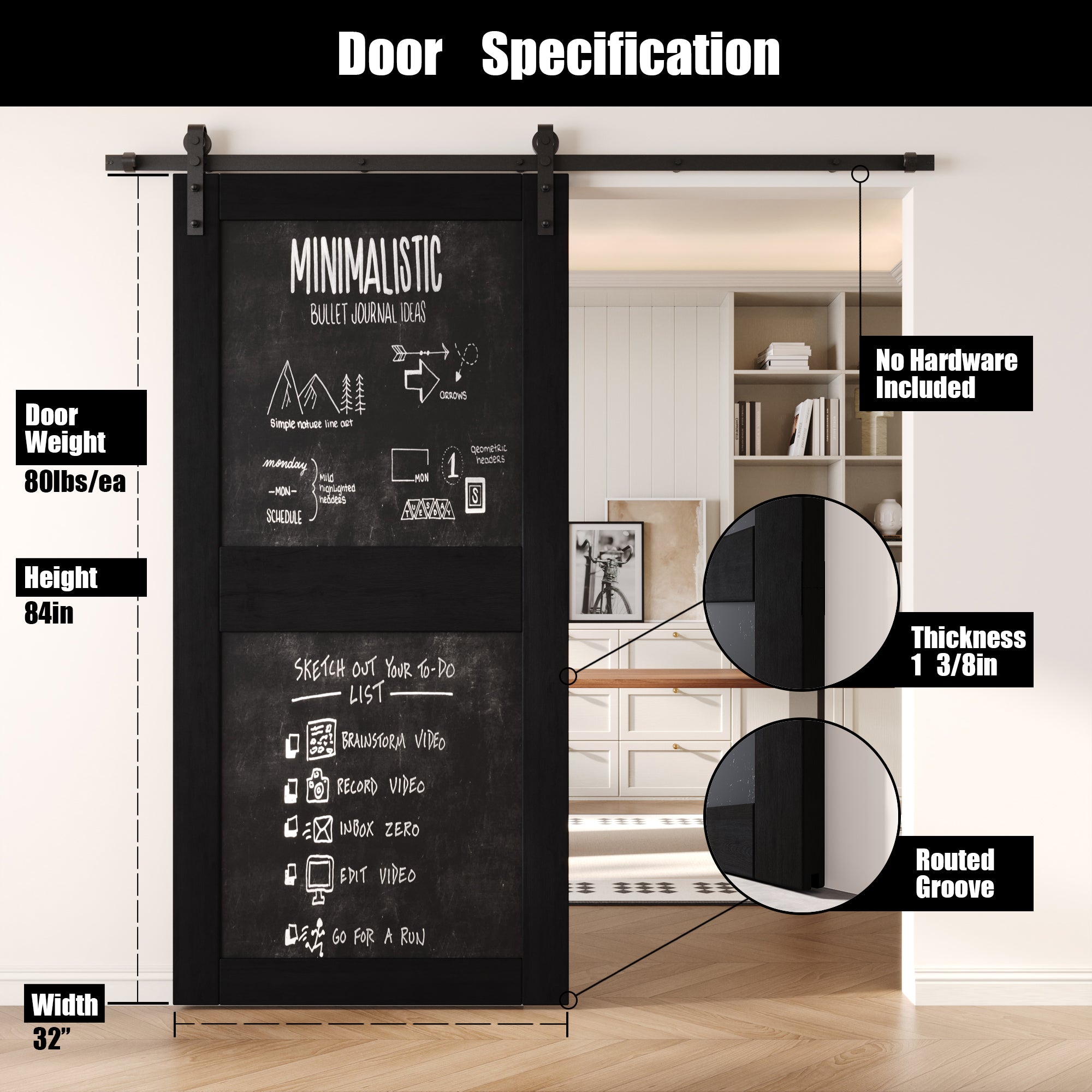 84" Height Black Chalkboard Design Unassembled & Finished Pine Wood Barn Door (Interior Use Only)