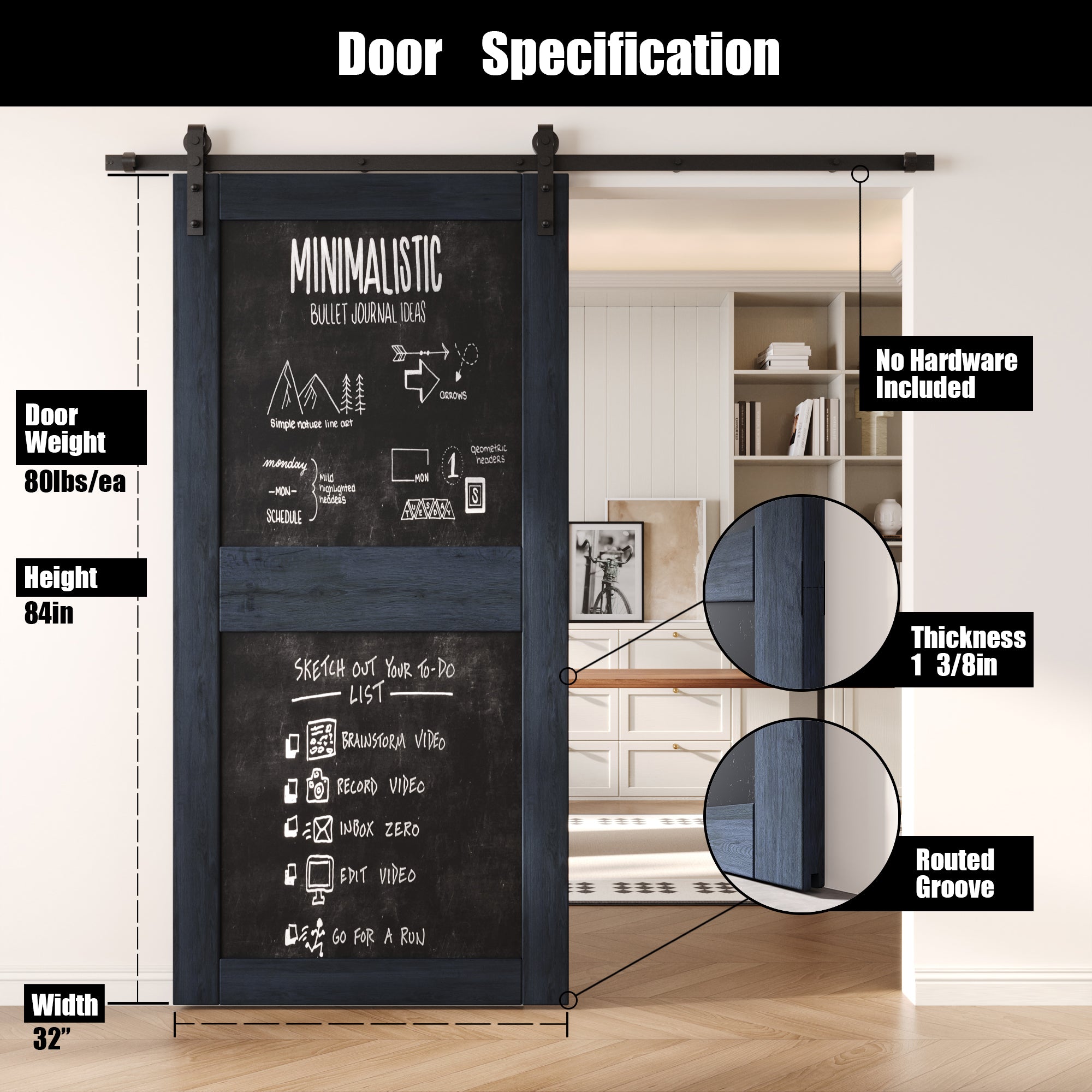 84" Height Navy Chalkboard Design Unassembled & Finished Pine Wood Barn Door (Interior Use Only)