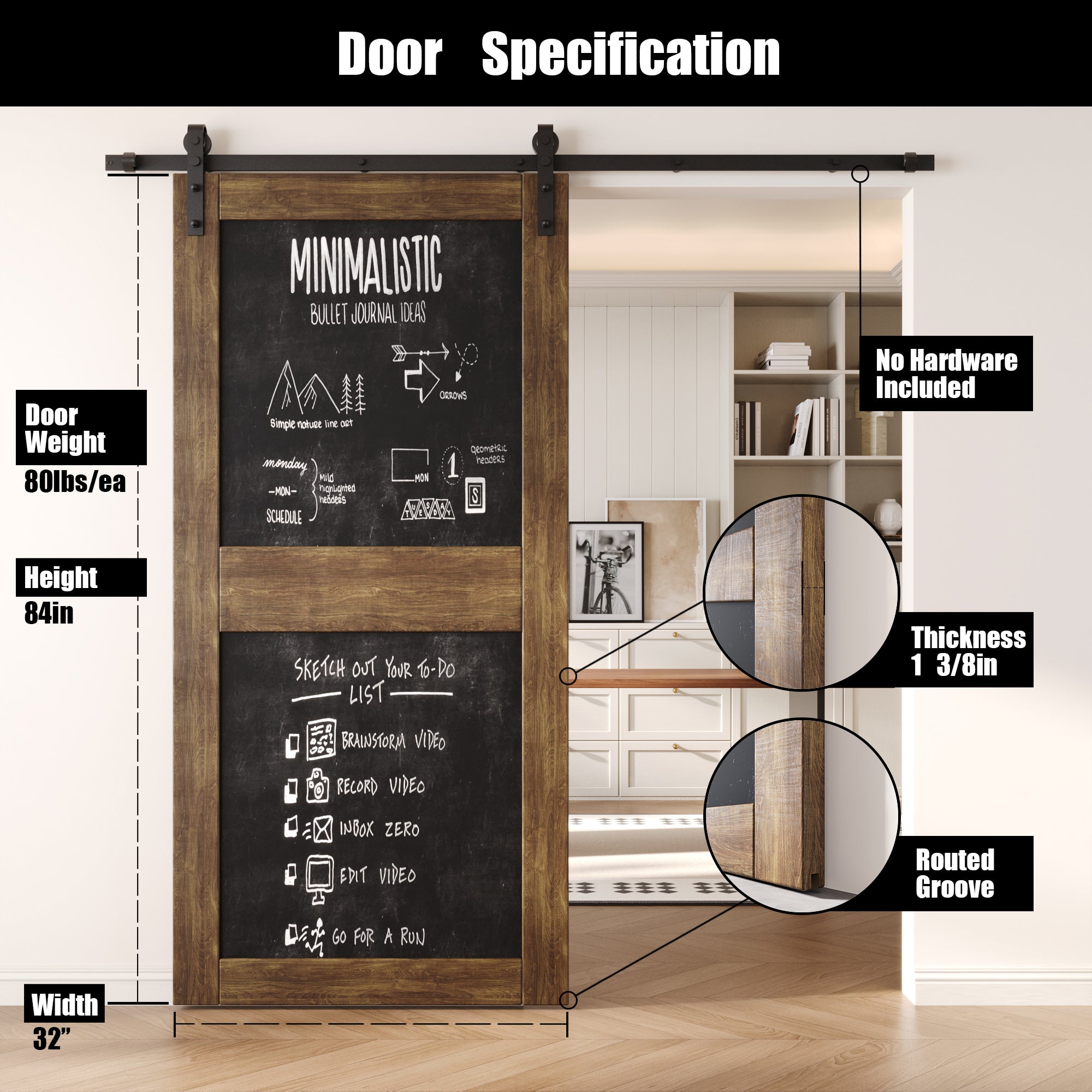 84" Height Dark Walnut Chalkboard Design Unassembled & Finished Pine Wood Barn Door (Interior Use Only)