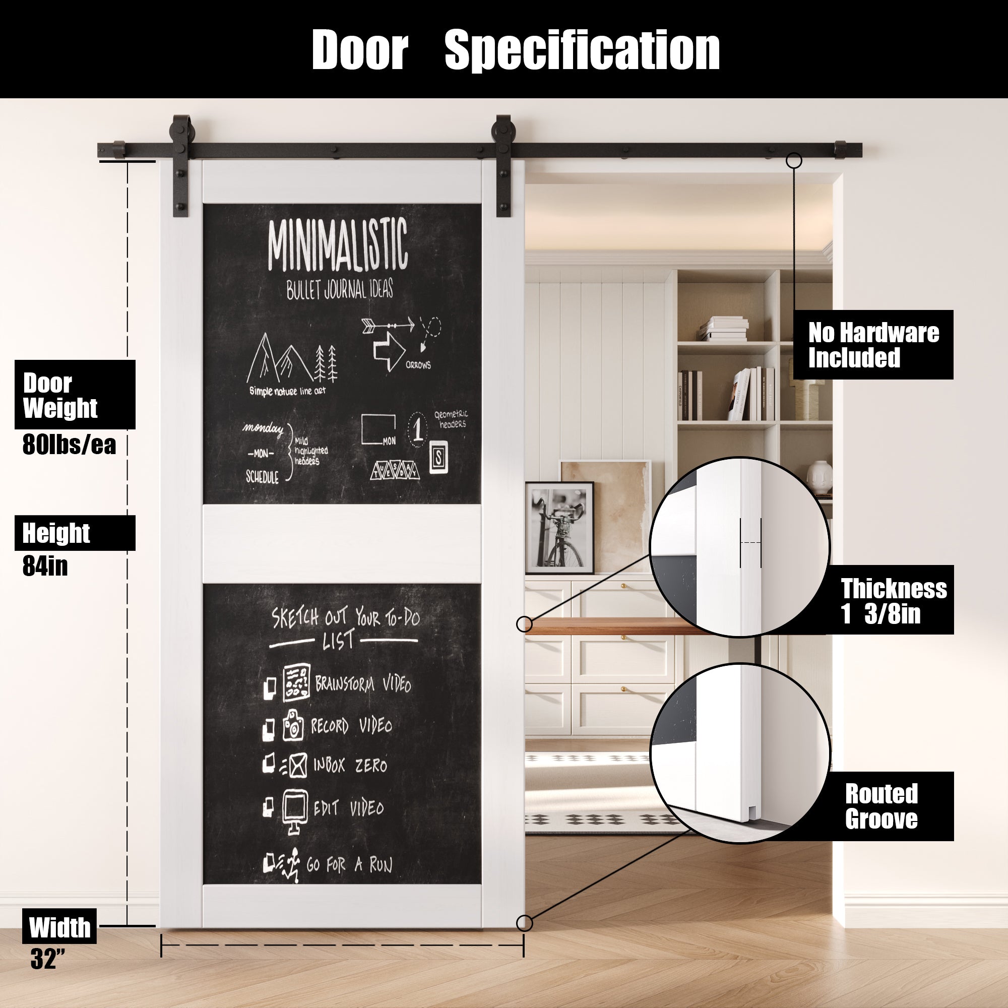 84" Height White Chalkboard Design Unassembled & Finished Pine Wood Barn Door (Interior Use Only)