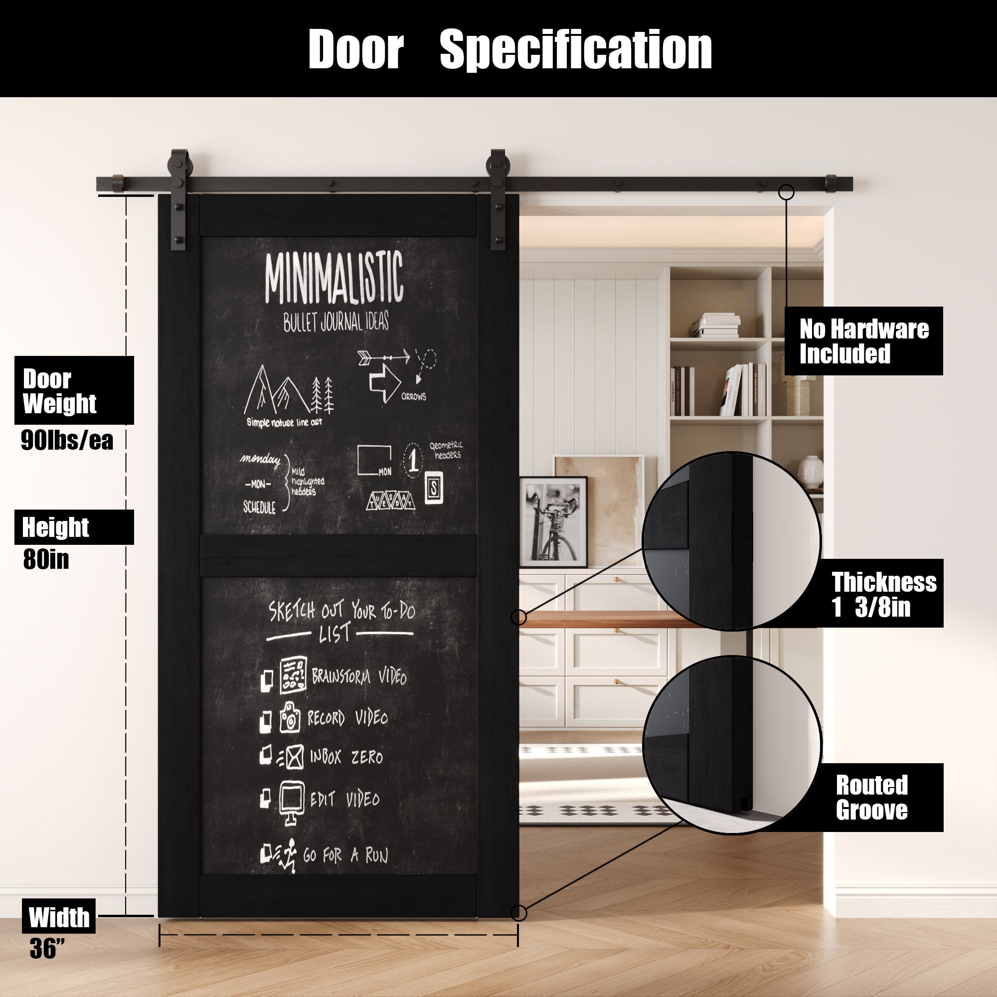 80" Height Black Chalkboard Design Unassembled & Finished Pine Wood Barn Door (Interior Use Only)