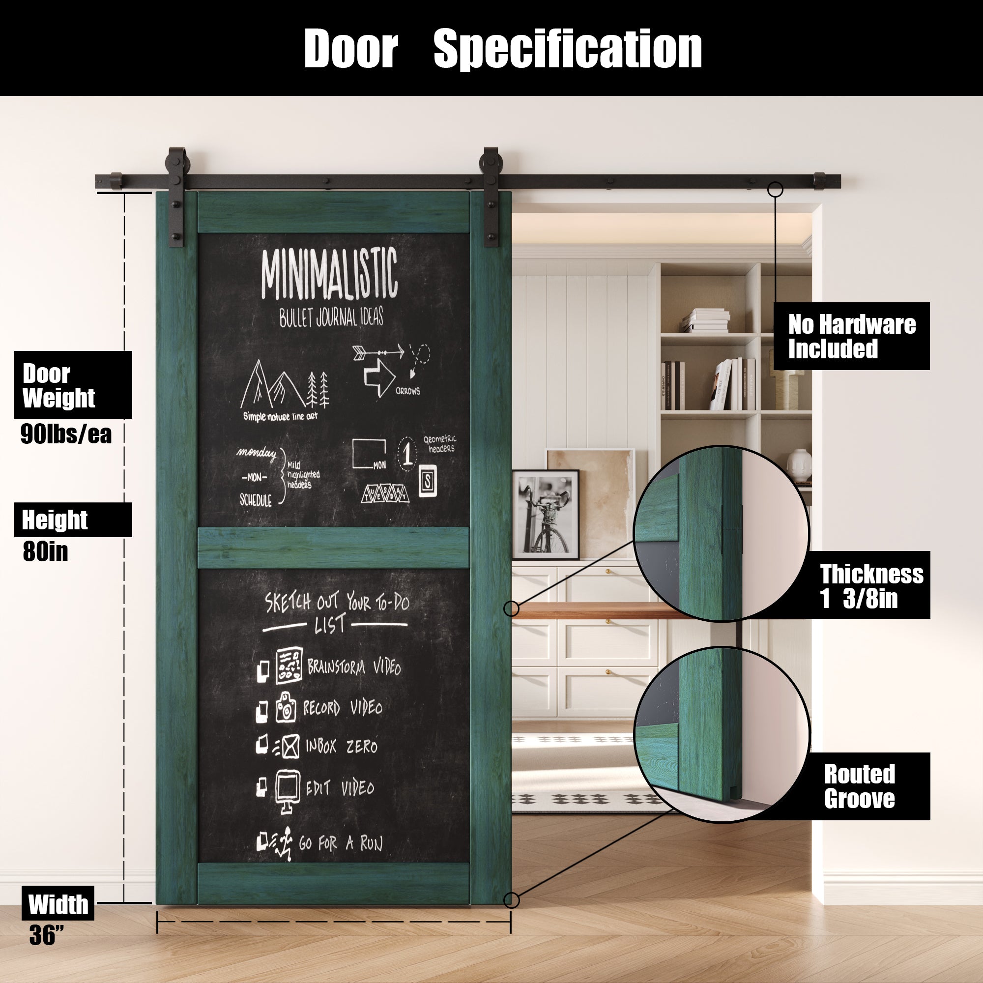 80" Height Royal Pine Chalkboard Design Unassembled & Finished Pine Wood Barn Door (Interior Use Only)