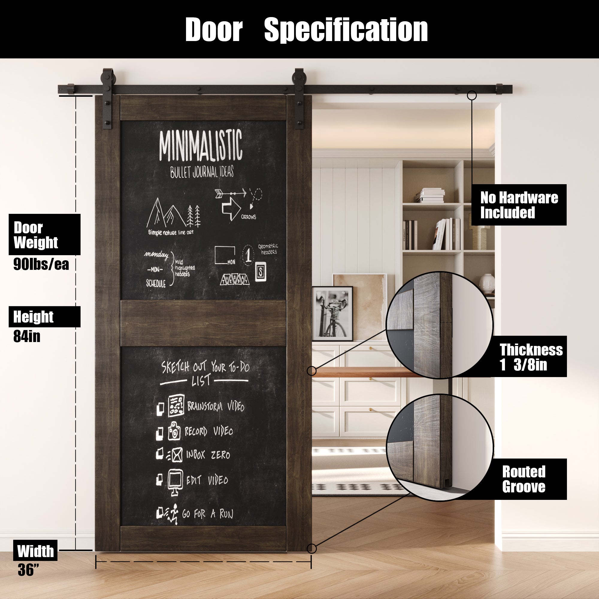 84" Height Ebony Chalkboard Design Unassembled & Finished Pine Wood Barn Door (Interior Use Only)