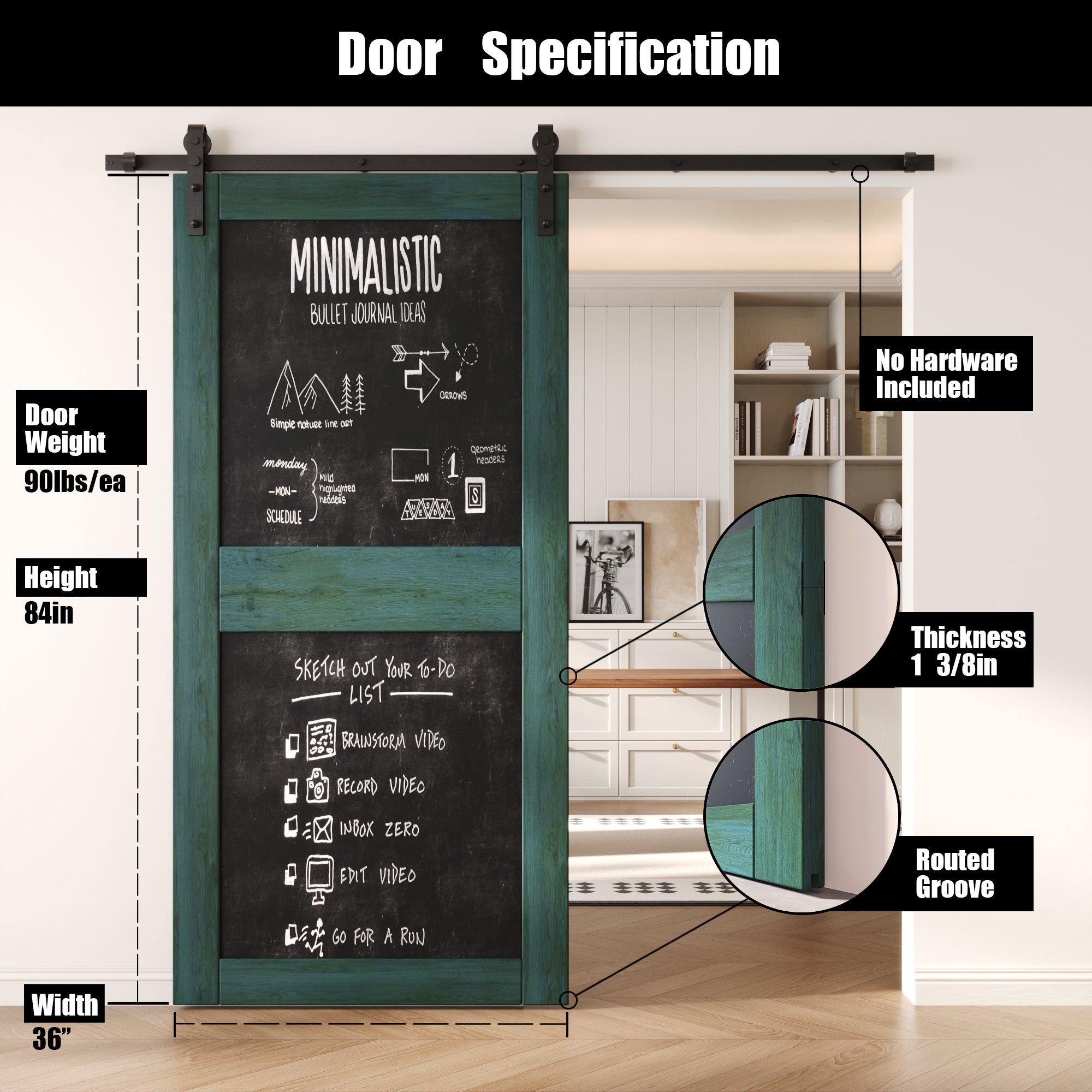 84" Height Royal Pine Chalkboard Design Unassembled & Finished Pine Wood Barn Door (Interior Use Only)