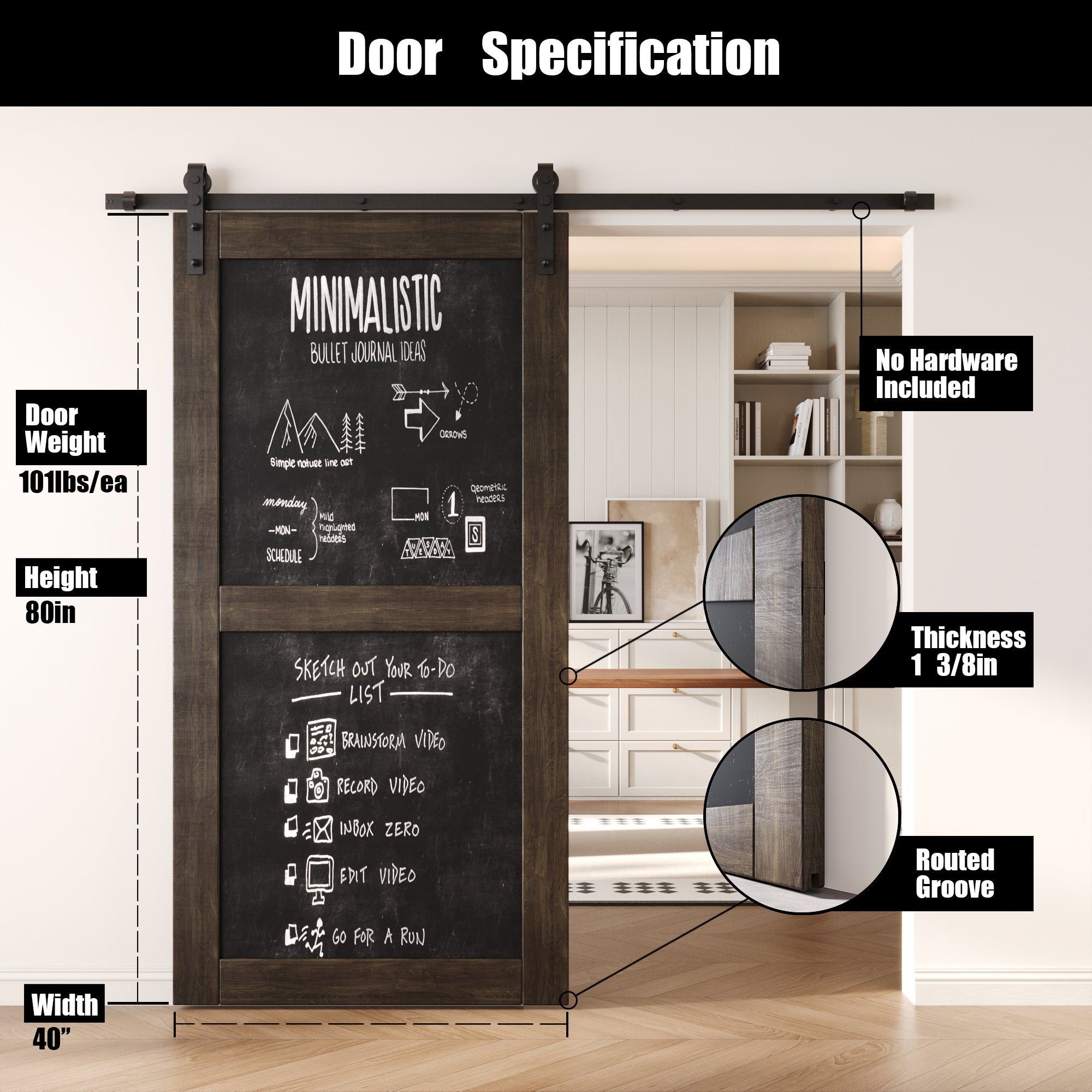 80" Height Ebony Chalkboard Design Unassembled & Finished Pine Wood Barn Door (Interior Use Only)