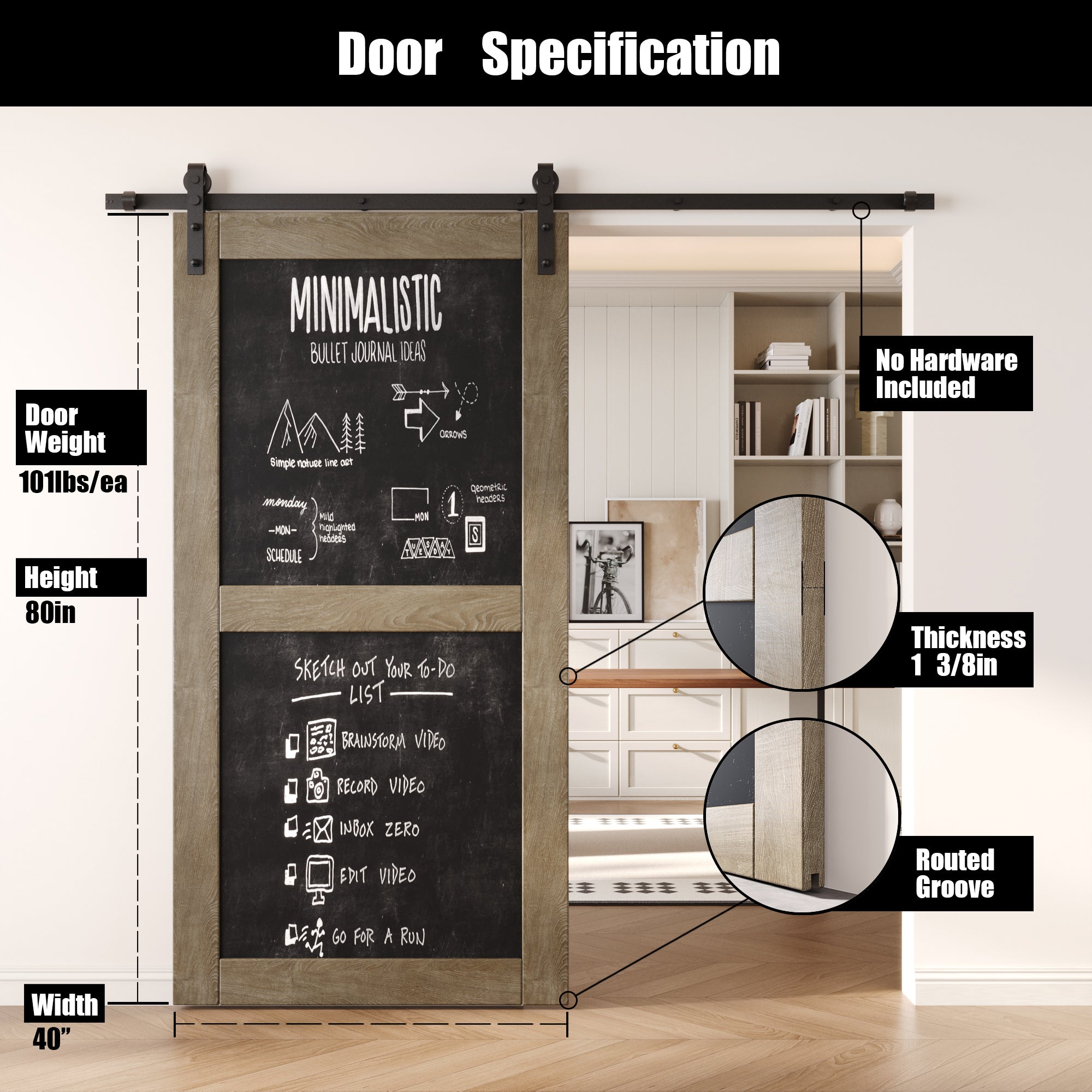 80" Height Classic Gray Chalkboard Design Unassembled & Finished Pine Wood Barn Door (Interior Use Only)