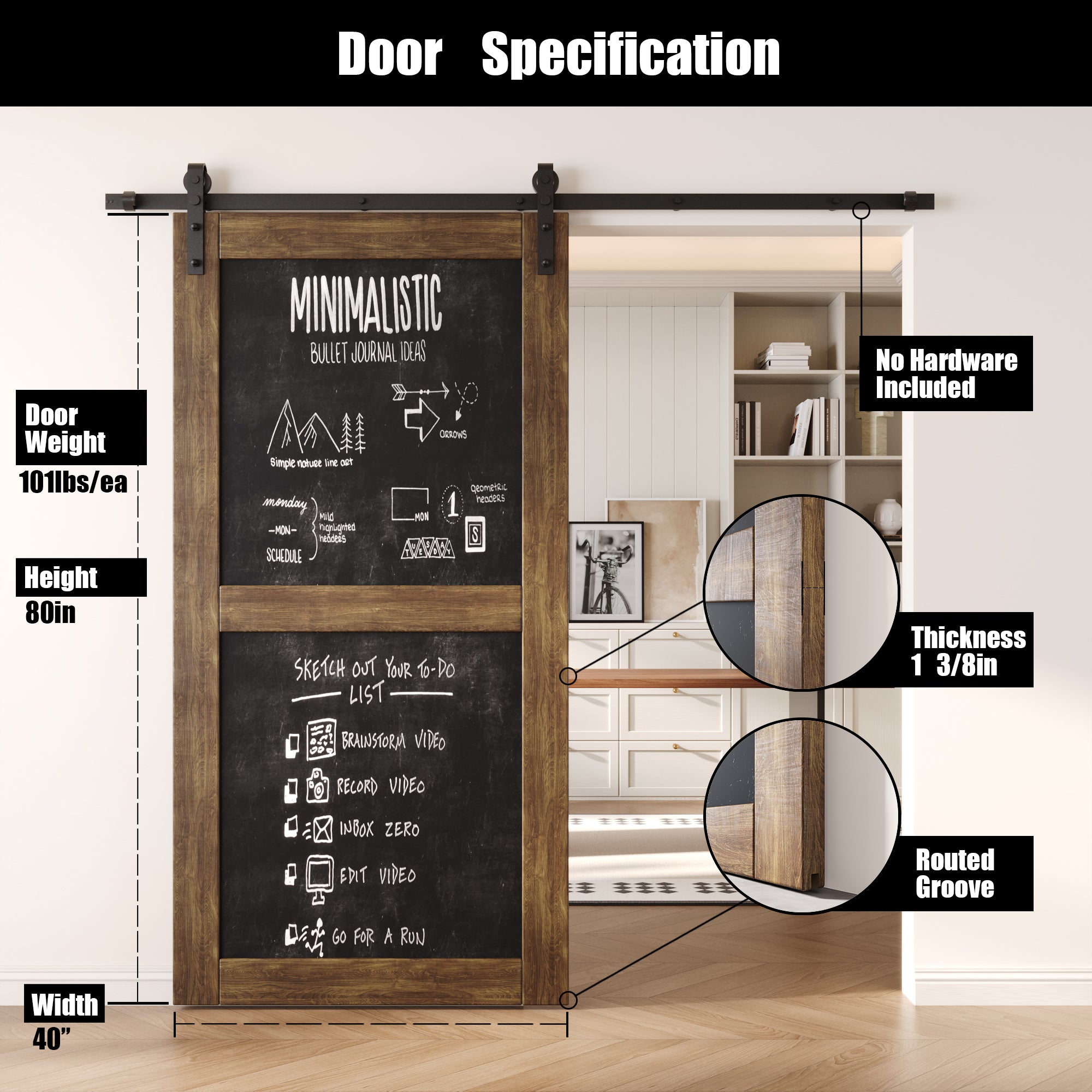 80" Height Dark Walnut Chalkboard Design Unassembled & Finished Pine Wood Barn Door (Interior Use Only)