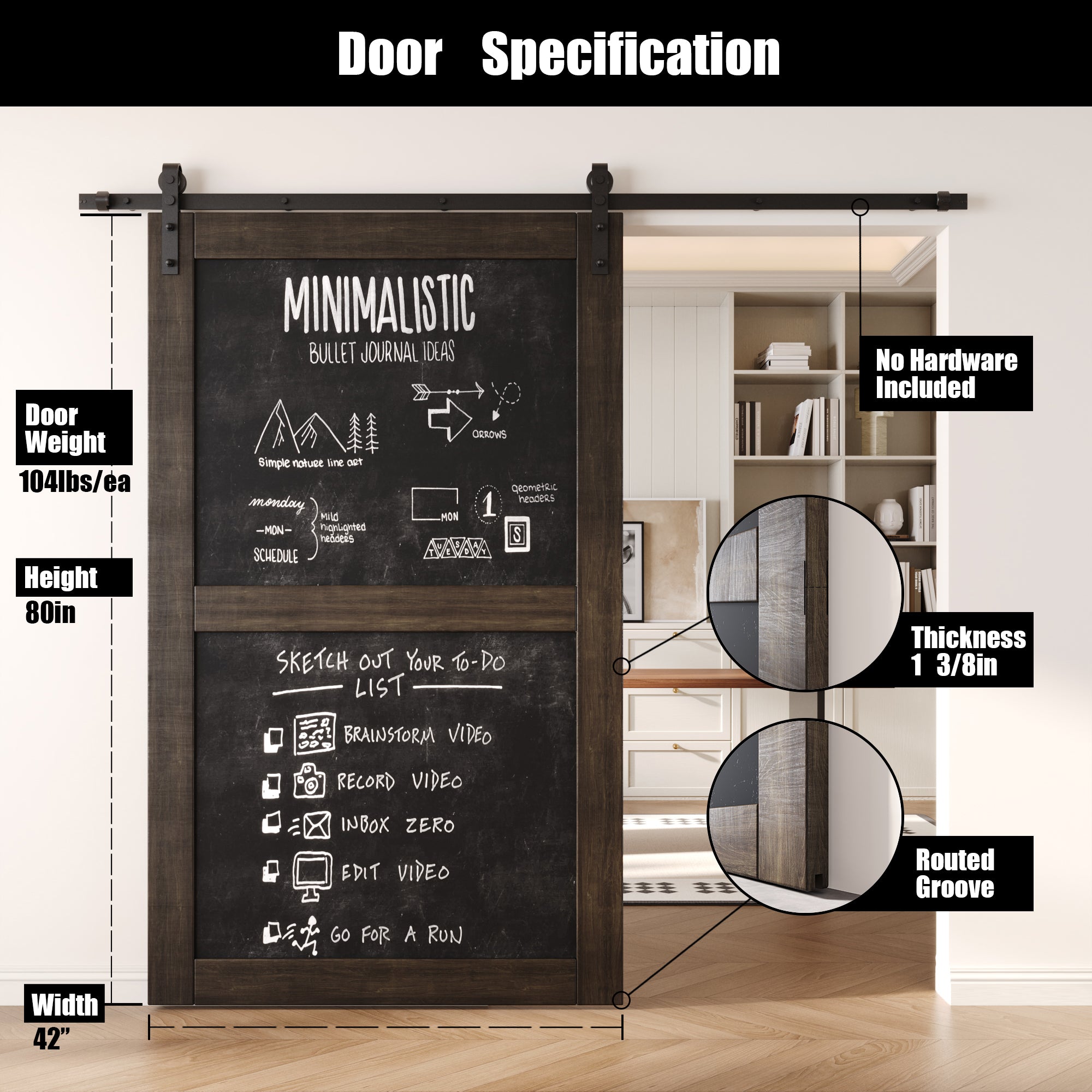 80" Height Ebony Chalkboard Design Unassembled & Finished Pine Wood Barn Door (Interior Use Only)