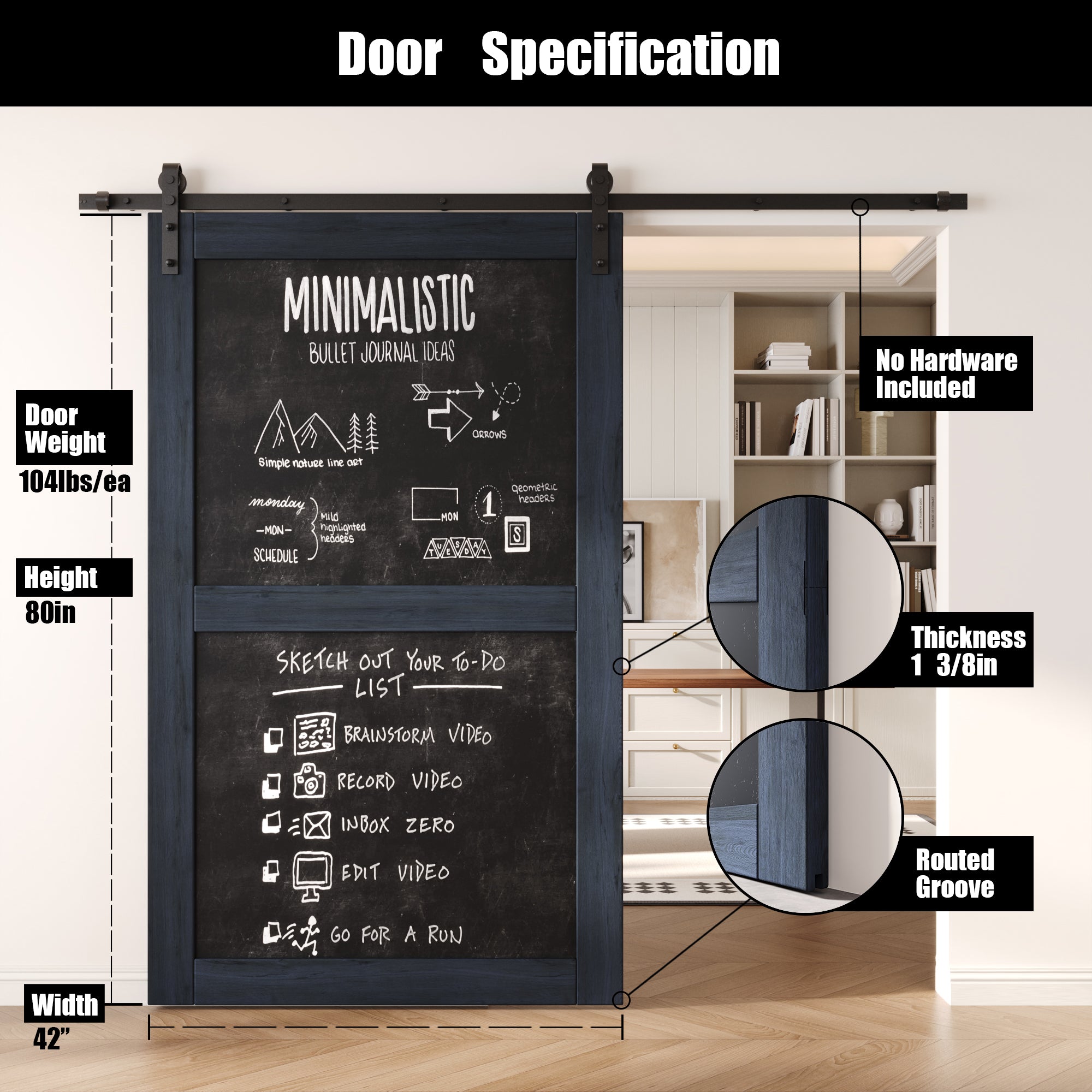 80" Height Navy Chalkboard Design Unassembled & Finished Pine Wood Barn Door (Interior Use Only)