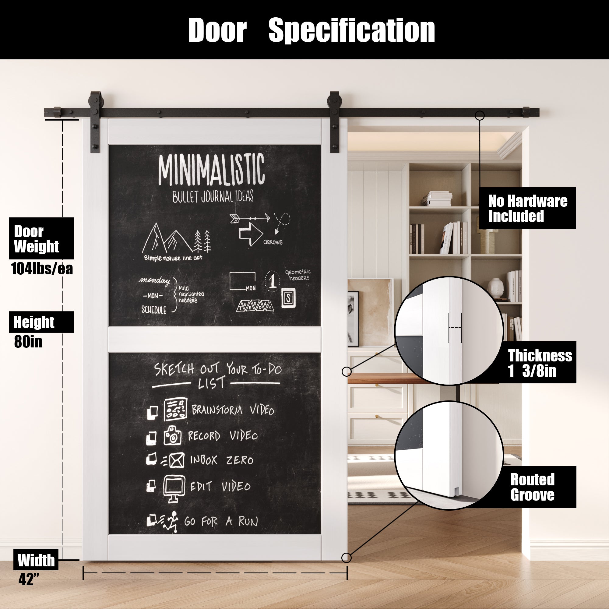 80" Height White Chalkboard Design Unassembled & Finished Pine Wood Barn Door (Interior Use Only)