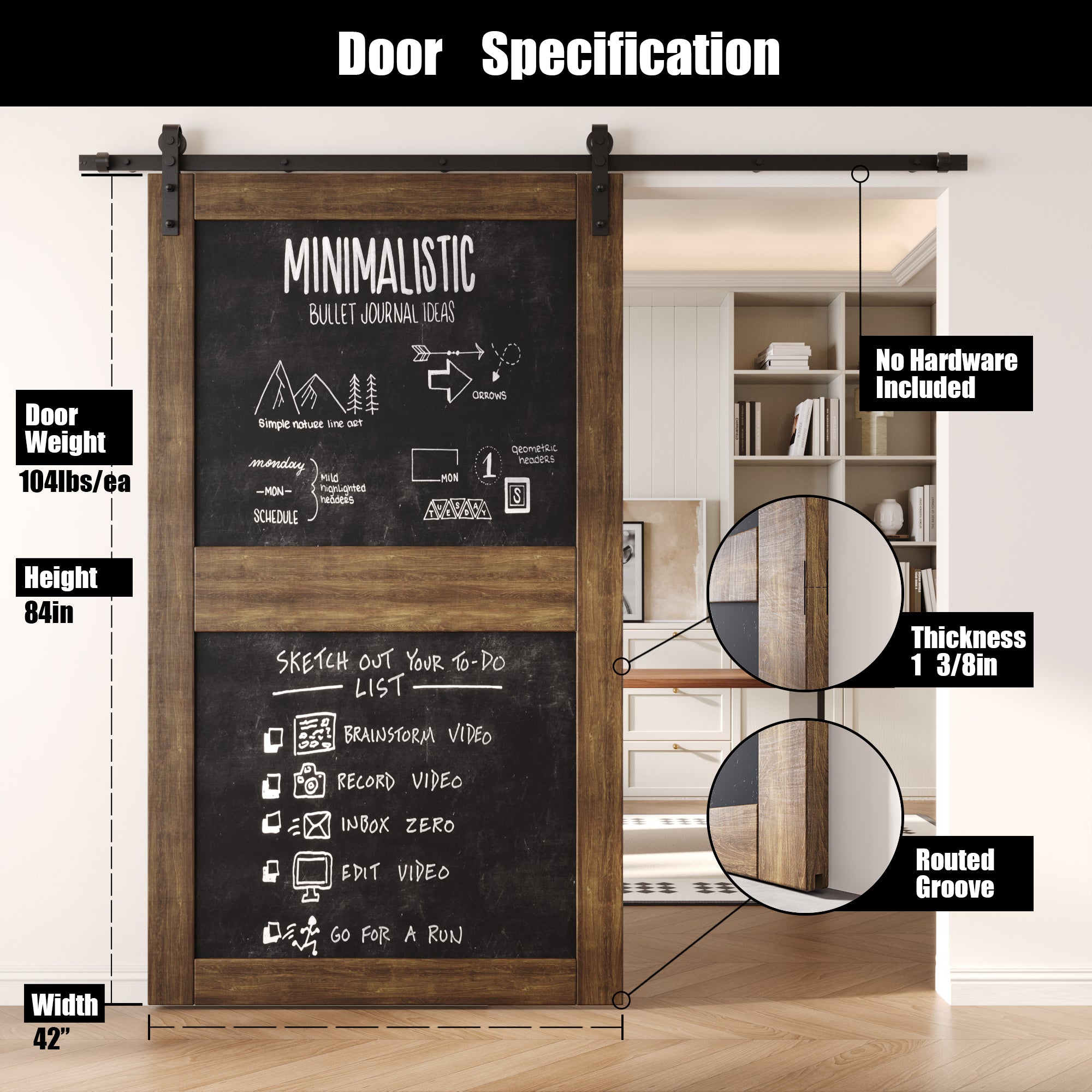 84" Height Dark Walnut Chalkboard Design Unassembled & Finished Pine Wood Barn Door (Interior Use Only)