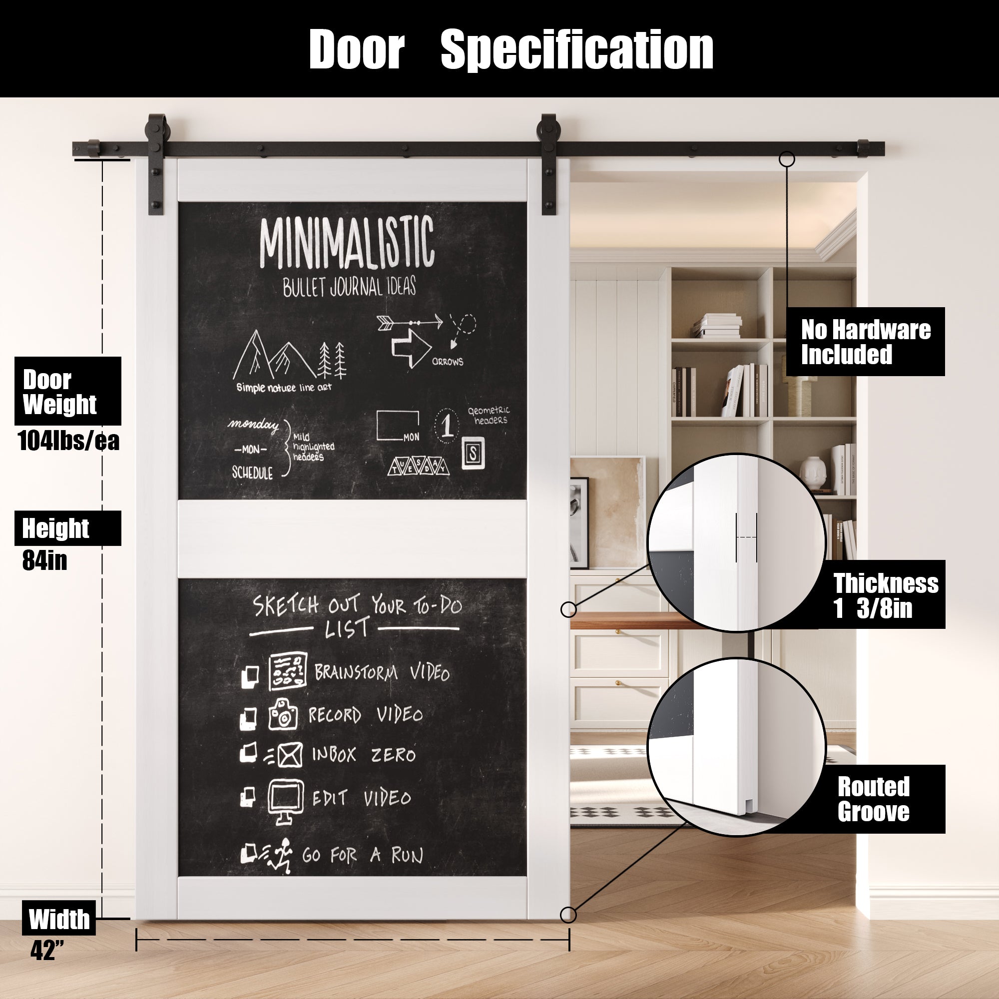 84" Height White Chalkboard Design Unassembled & Finished Pine Wood Barn Door (Interior Use Only)