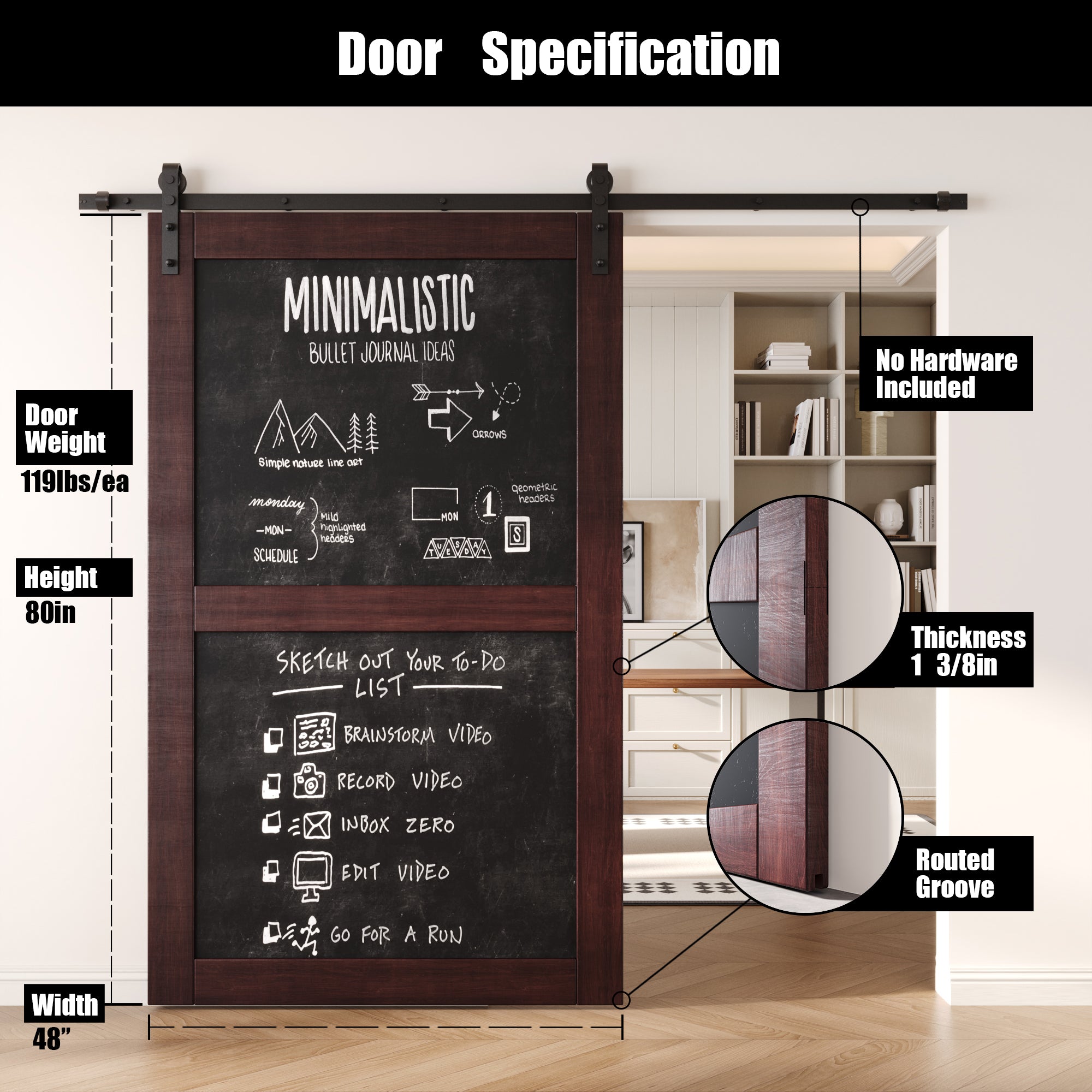 80" Height Red Mahogany Chalkboard Design Unassembled & Finished Pine Wood Barn Door (Interior Use Only)