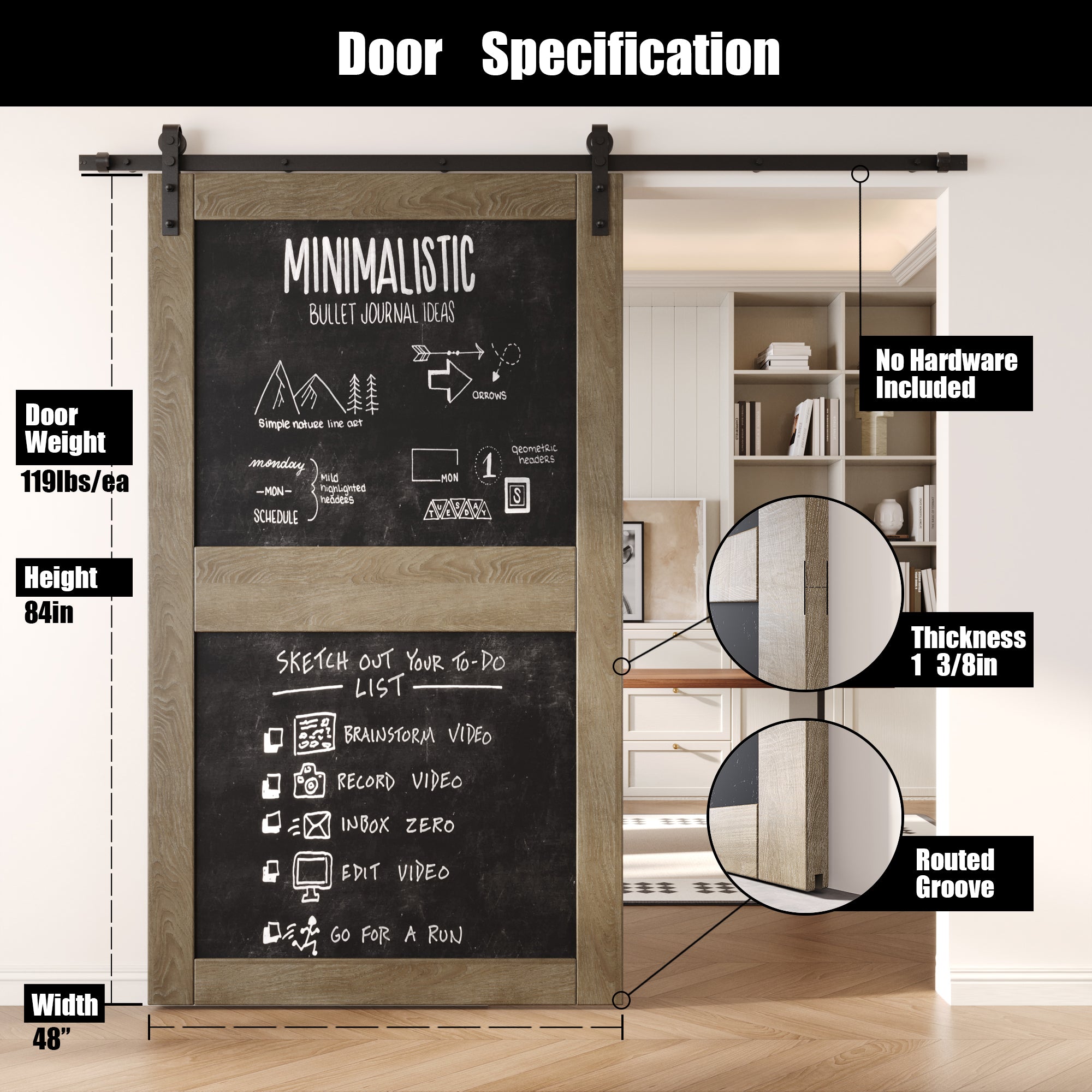 84" Height Classic Gray Chalkboard Design Unassembled & Finished Pine Wood Barn Door (Interior Use Only)