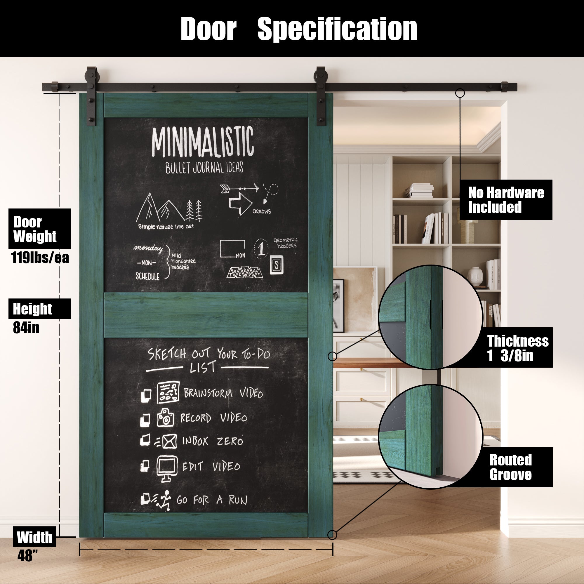 84" Height Royal Pine Chalkboard Design Unassembled & Finished Pine Wood Barn Door (Interior Use Only)