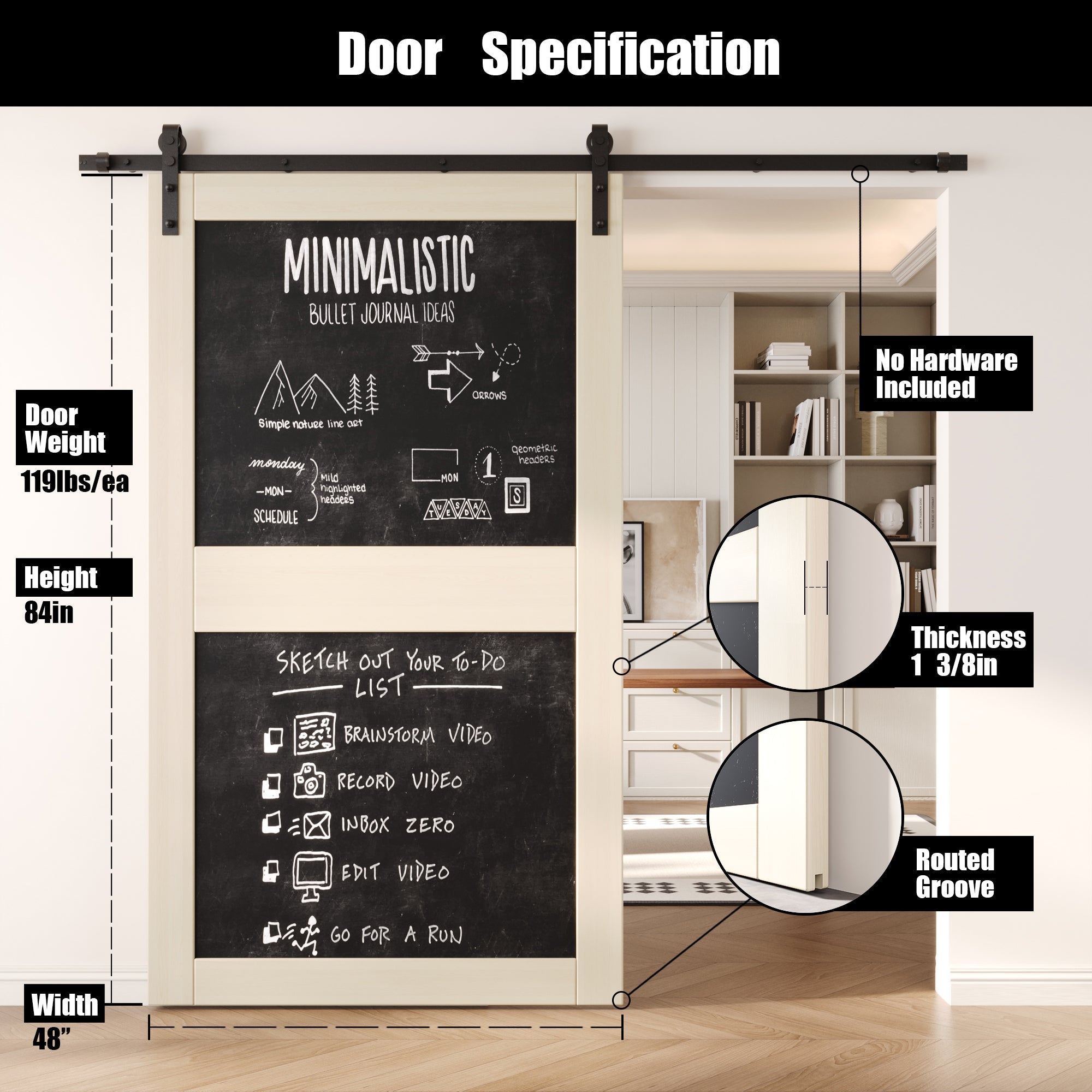84" Height Tinsmith Gray Chalkboard Design Unassembled & Finished Pine Wood Barn Door (Interior Use Only)
