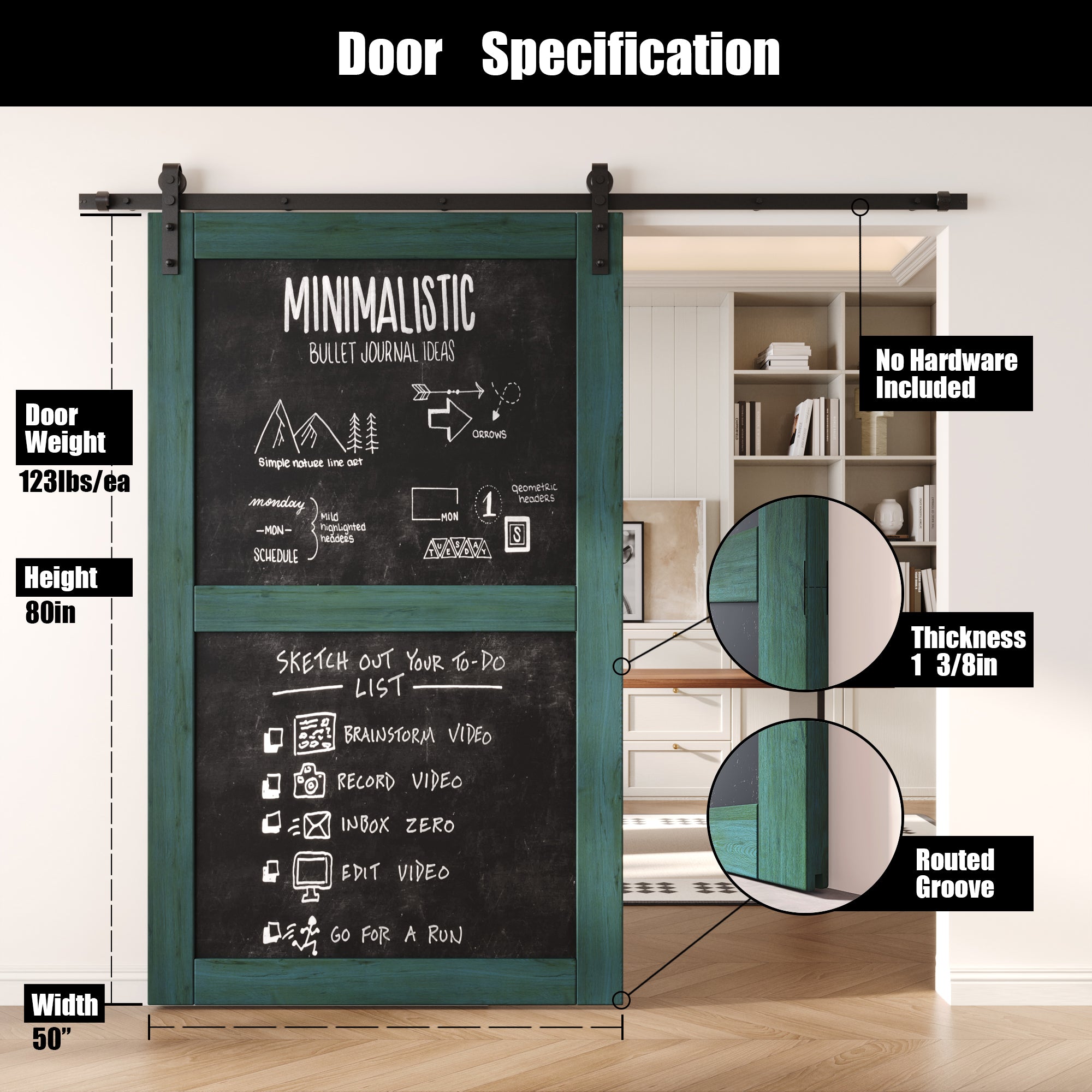 80" Height Royal Pine Chalkboard Design Unassembled & Finished Pine Wood Barn Door (Interior Use Only)