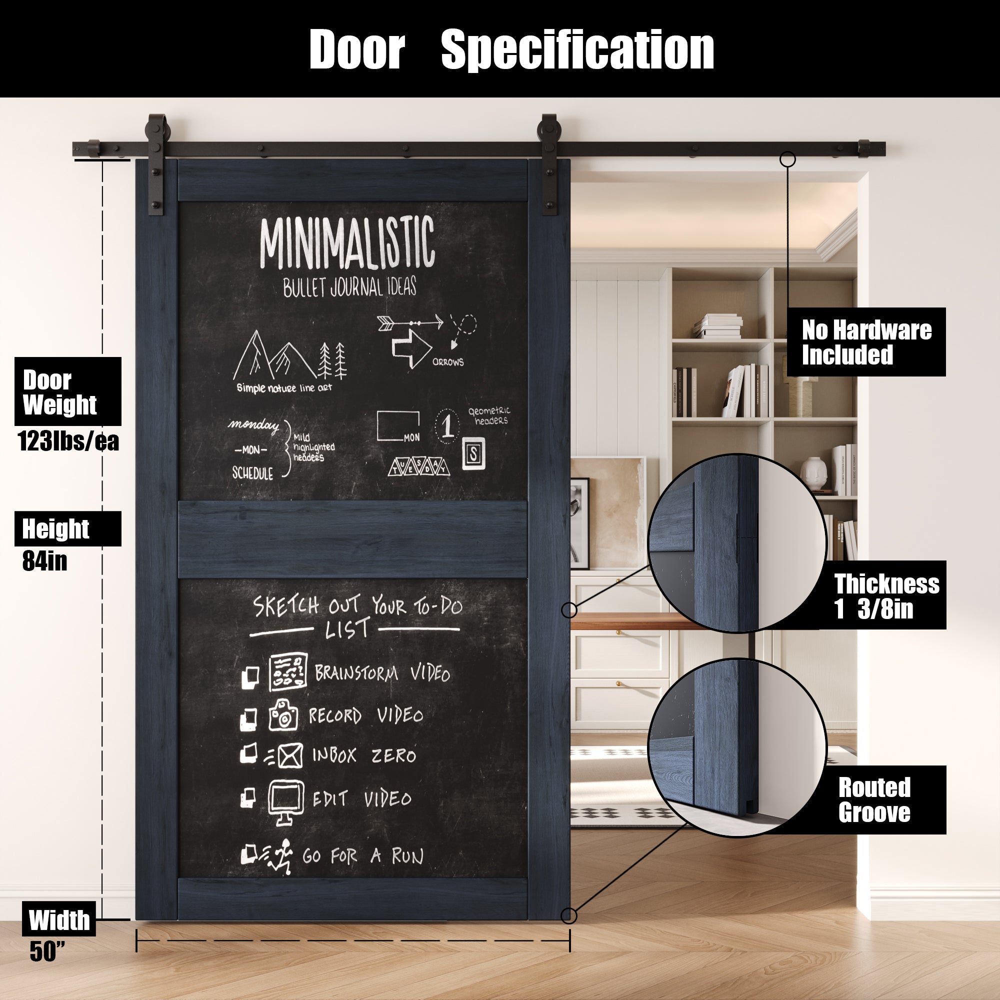 84" Height Navy Chalkboard Design Unassembled & Finished Pine Wood Barn Door (Interior Use Only)