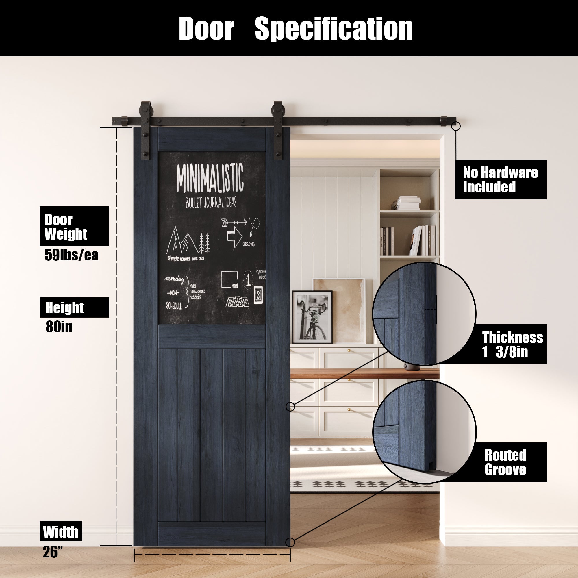 80" Height Navy Top Chalkboard Panel Unassembled & Finished Pine Wood Barn Door (Interior Use Only)
