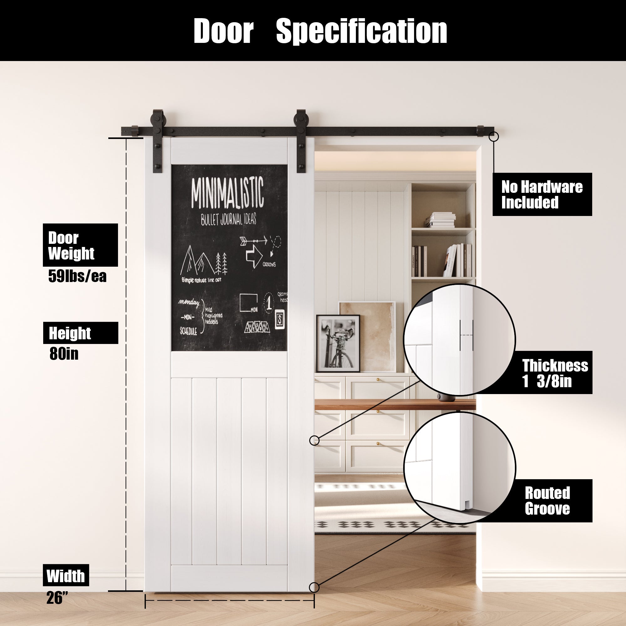80" Height White Top Chalkboard Panel Unassembled & Finished Pine Wood Barn Door (Interior Use Only)