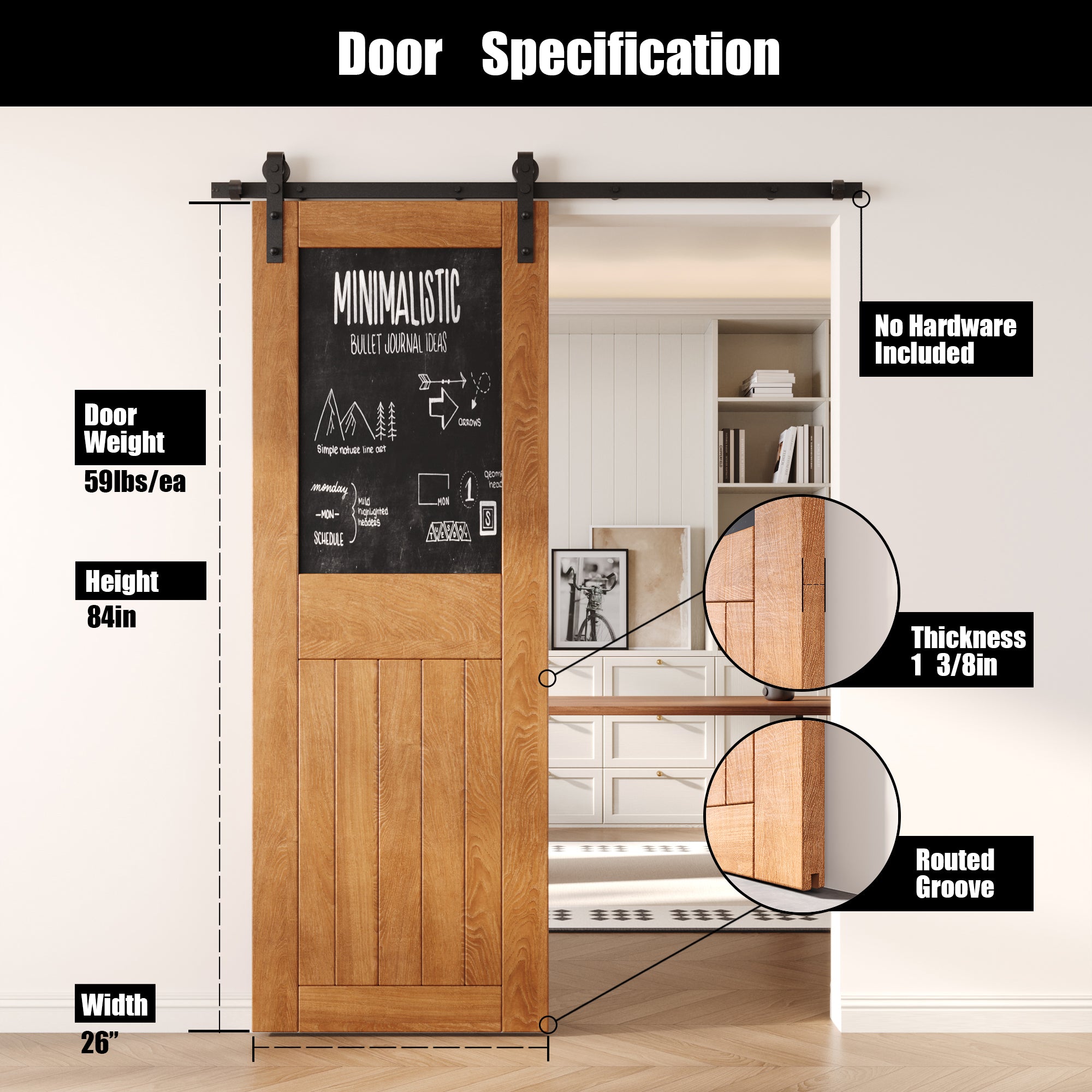 84" Height Early American Top Chalkboard Panel Unassembled & Finished Pine Wood Barn Door (Interior Use Only)