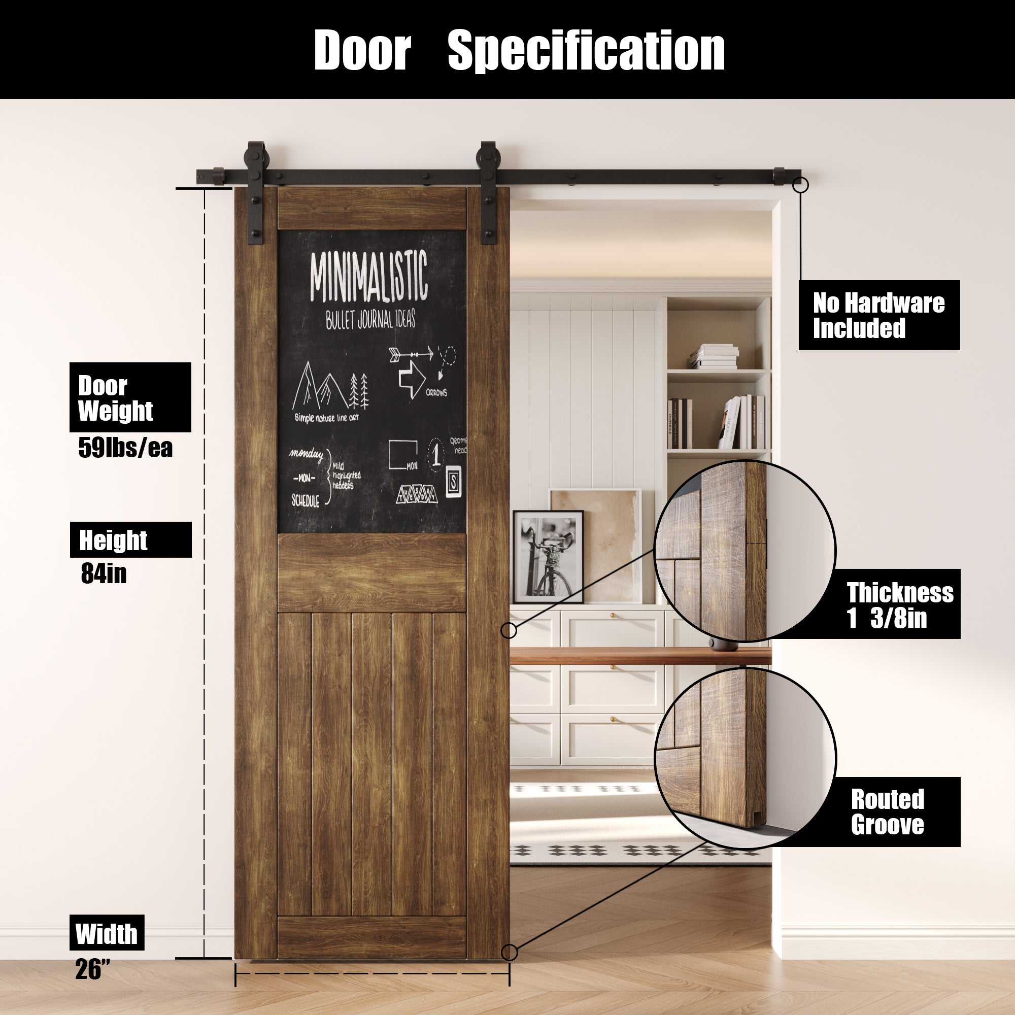 84" Height Dark Walnut Top Chalkboard Panel Unassembled & Finished Pine Wood Barn Door (Interior Use Only)