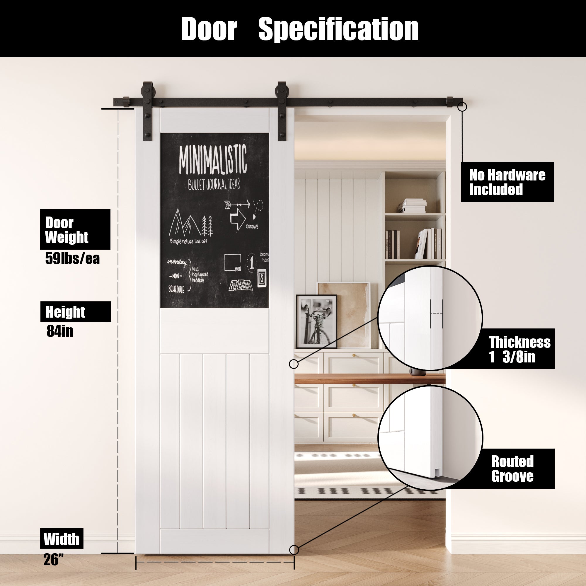 84" Height White Top Chalkboard Panel Unassembled & Finished Pine Wood Barn Door (Interior Use Only)