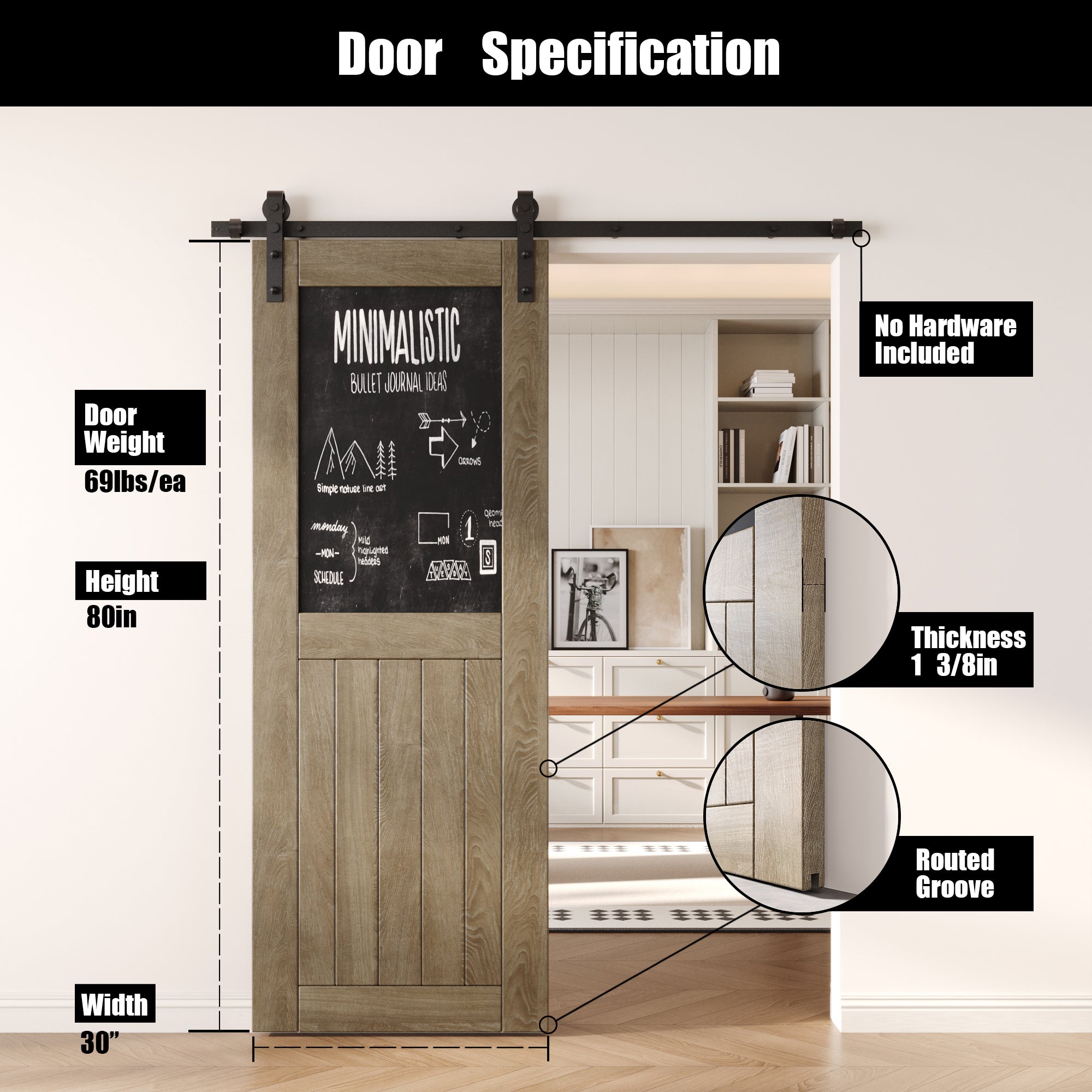 80" Height Classic Gray Top Chalkboard Panel Unassembled & Finished Pine Wood Barn Door (Interior Use Only)