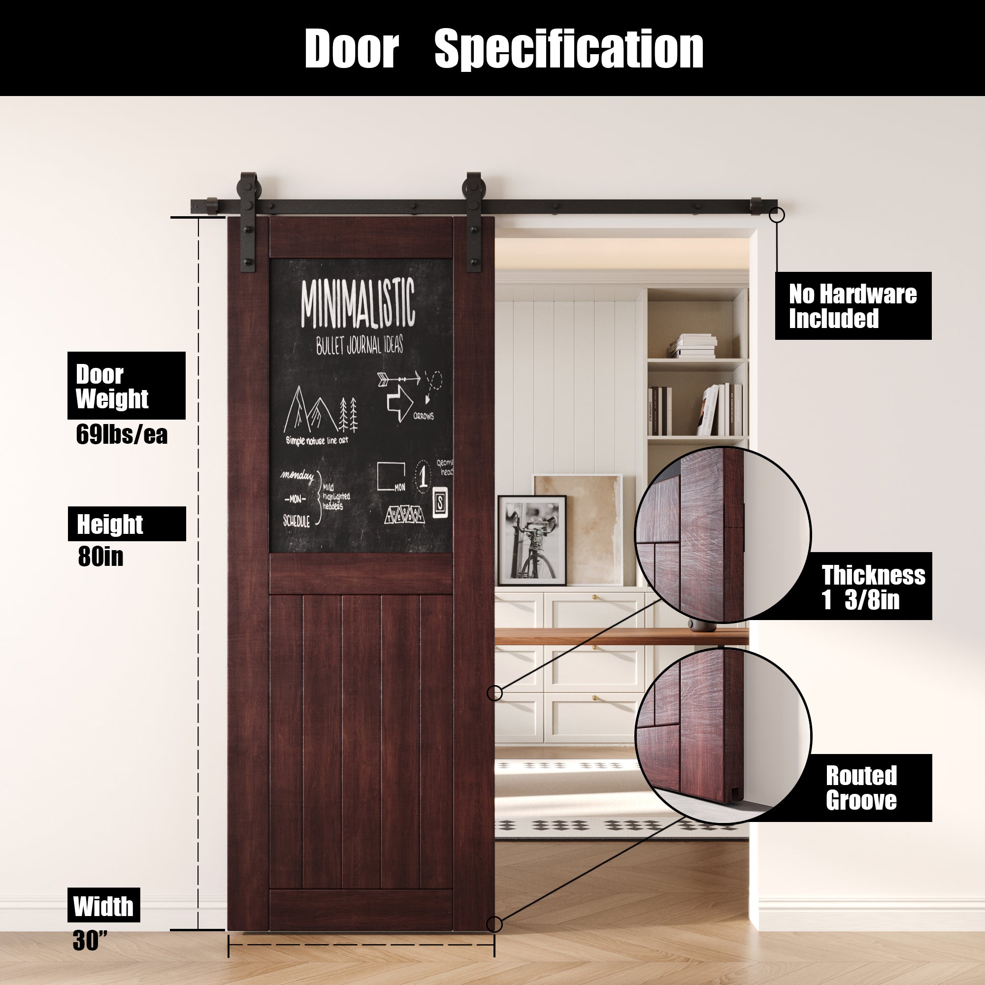 80" Height Red Mahogany Top Chalkboard Panel Unassembled & Finished Pine Wood Barn Door (Interior Use Only)
