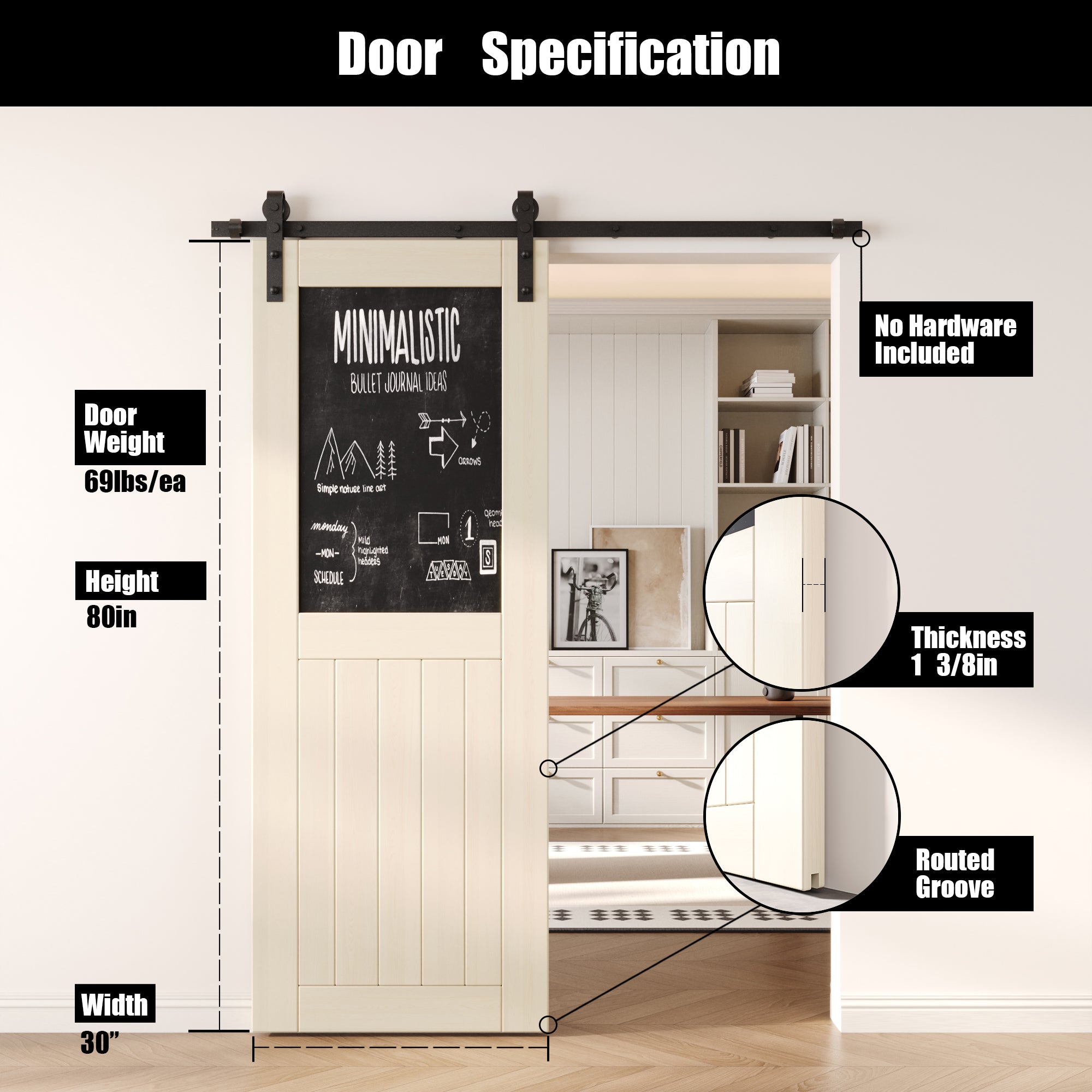 80" Height Tinsmith Gray Top Chalkboard Panel Unassembled & Finished Pine Wood Barn Door (Interior Use Only)