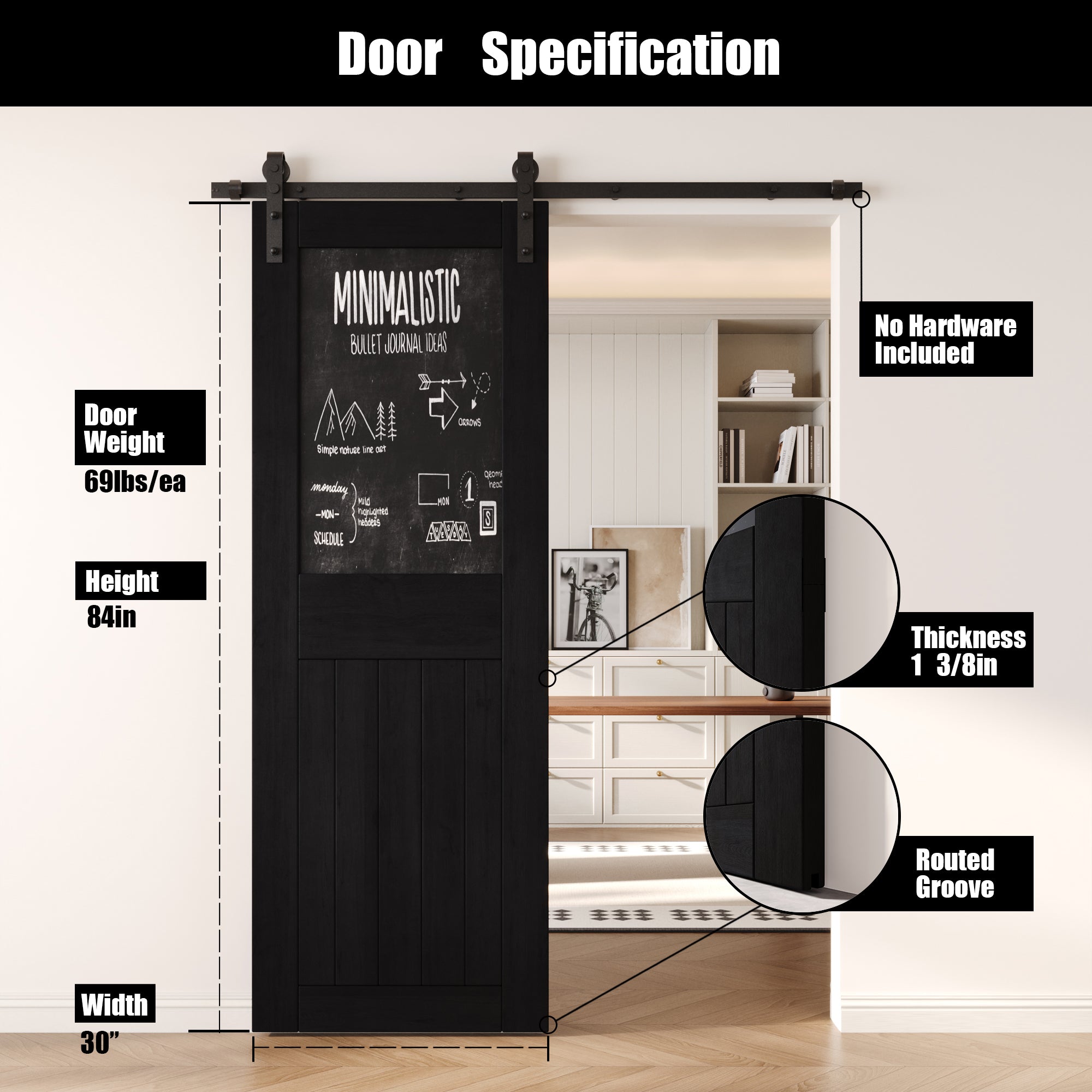 84" Height Black Top Chalkboard Panel Unassembled & Finished Pine Wood Barn Door (Interior Use Only)