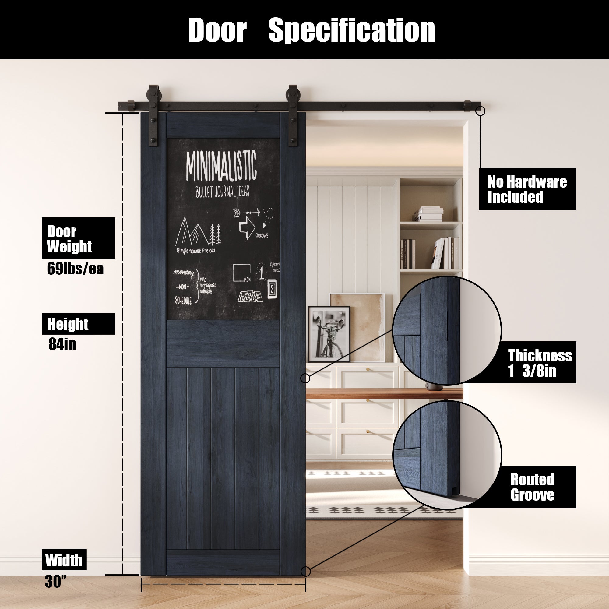 84" Height Navy Top Chalkboard Panel Unassembled & Finished Pine Wood Barn Door (Interior Use Only)