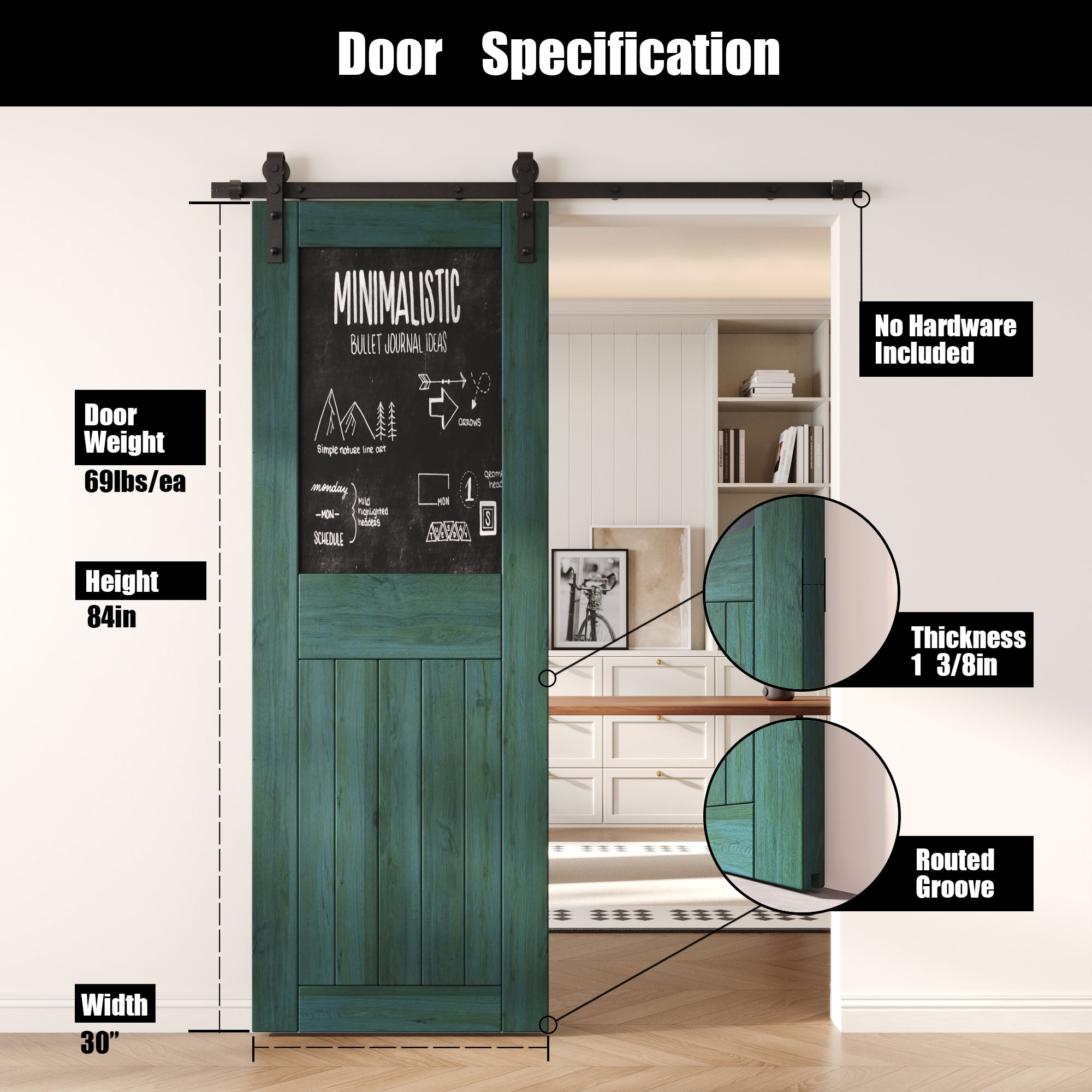 84" Height Royal Pine Top Chalkboard Panel Unassembled & Finished Pine Wood Barn Door (Interior Use Only)