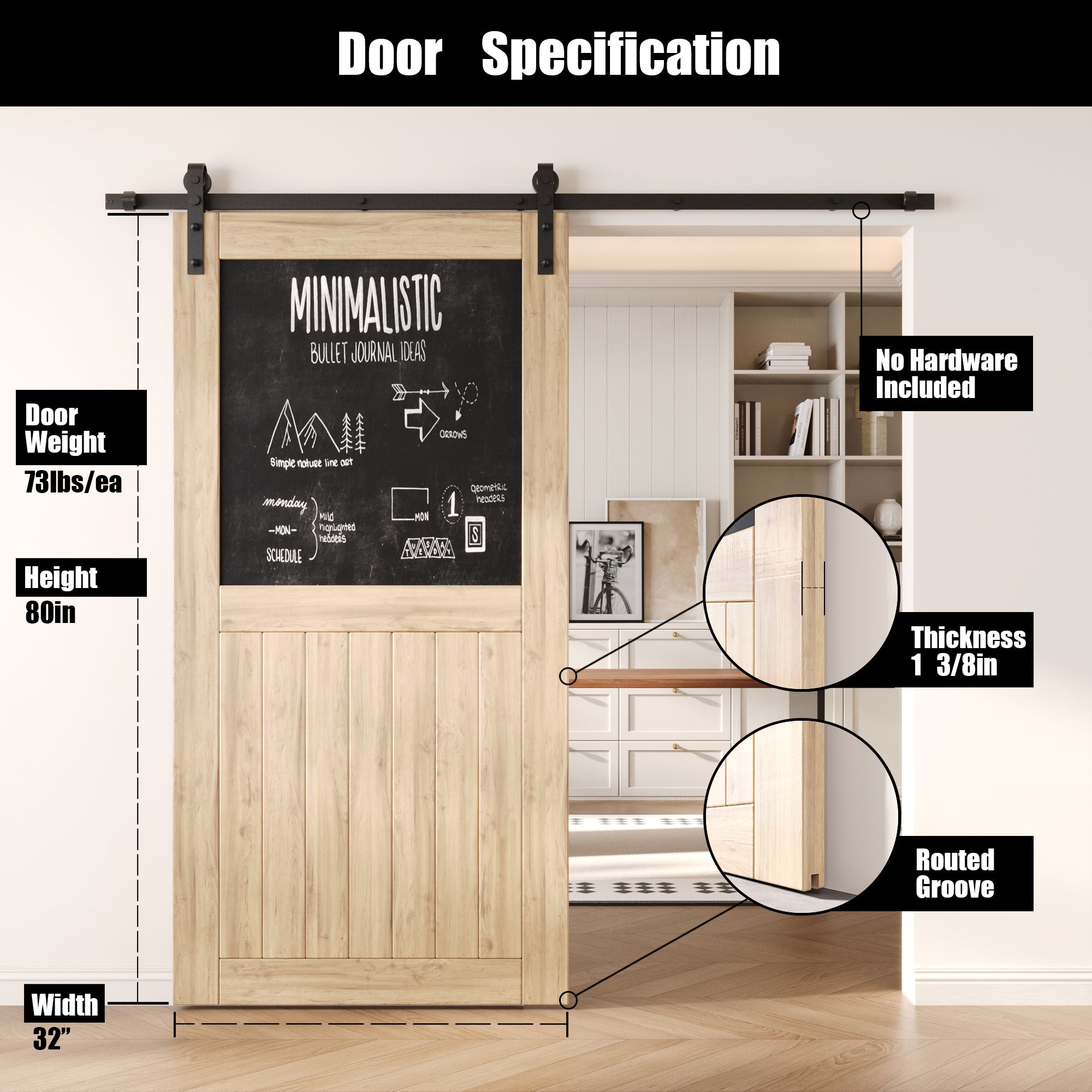 80" Height Top Chalkboard Panel Unassembled & Unfinished Pine Wood Barn Door (Interior Use Only)