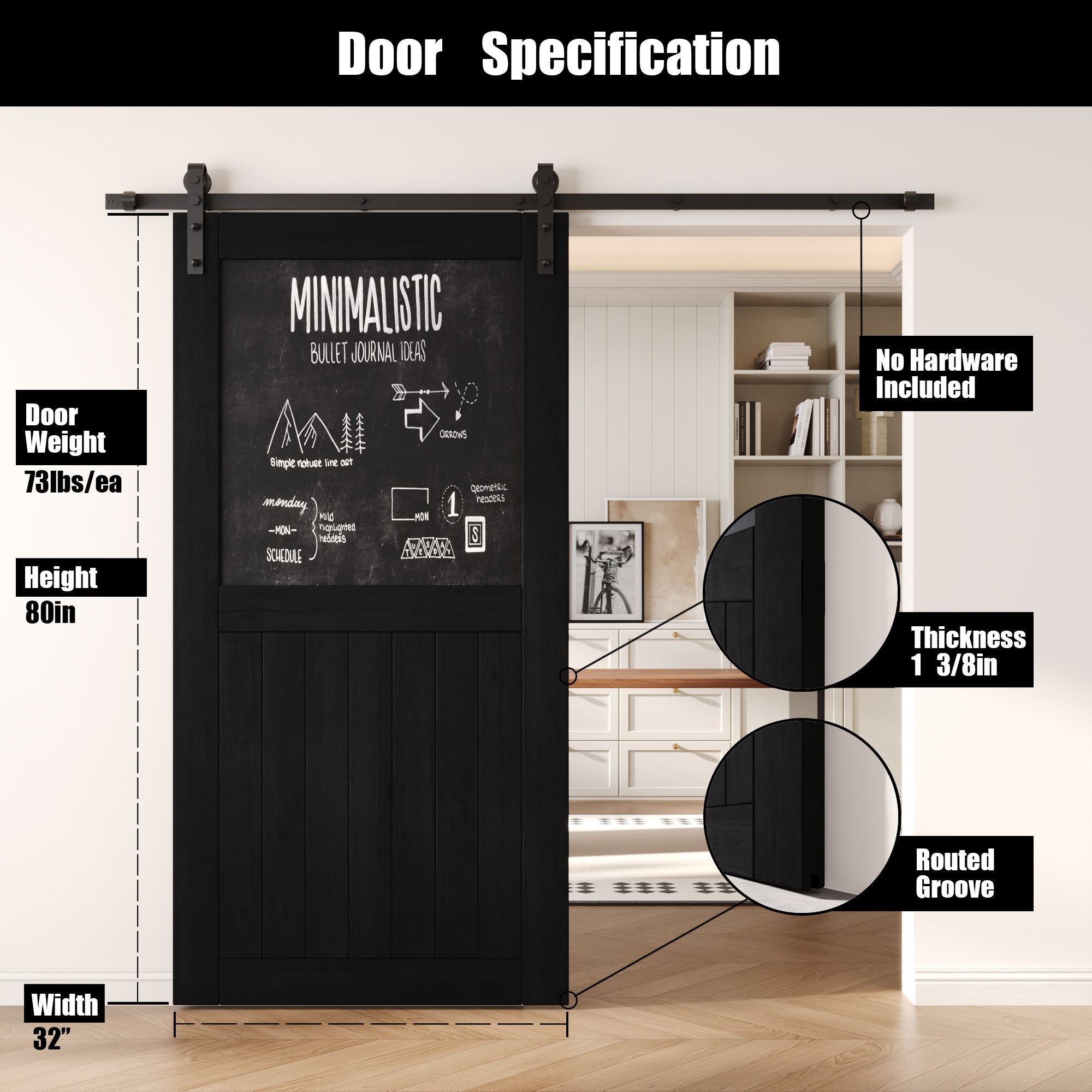 80" Height Black Top Chalkboard Panel Unassembled & Finished Pine Wood Barn Door (Interior Use Only)
