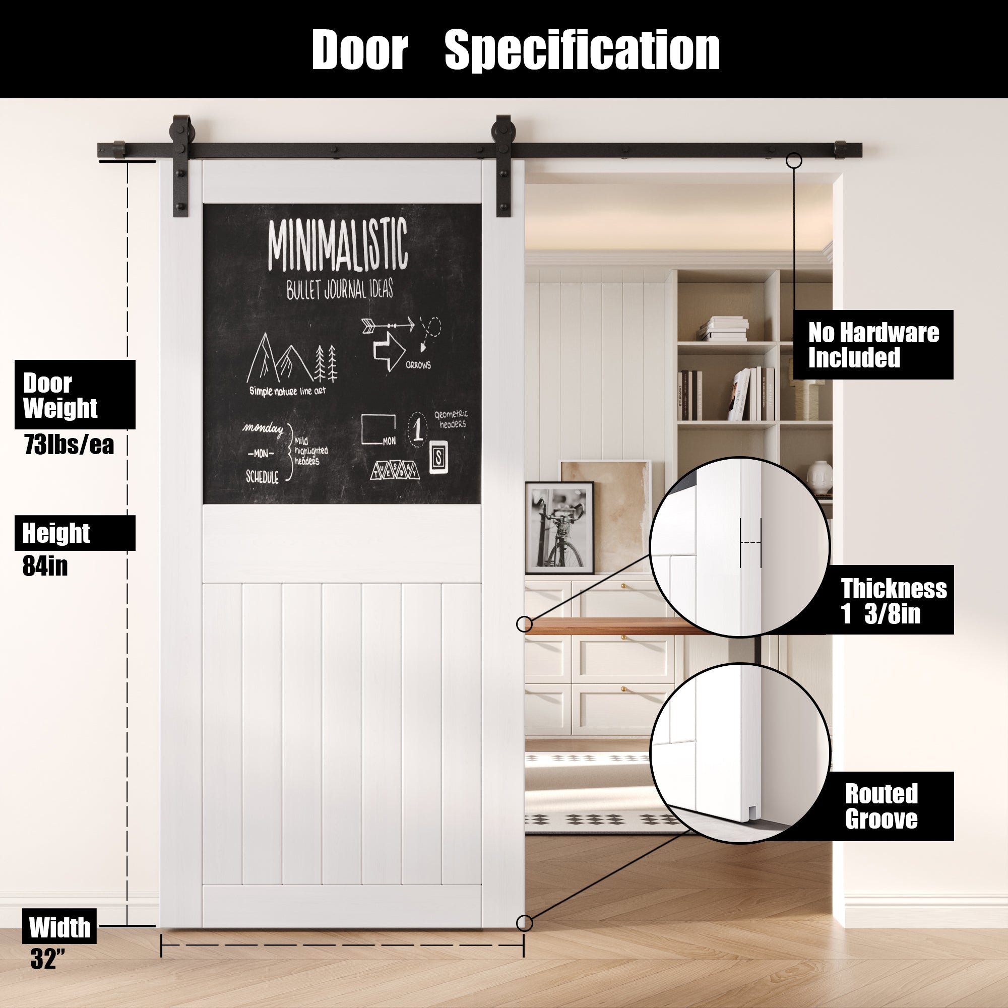 84" Height White Top Chalkboard Panel Unassembled & Finished Pine Wood Barn Door (Interior Use Only)