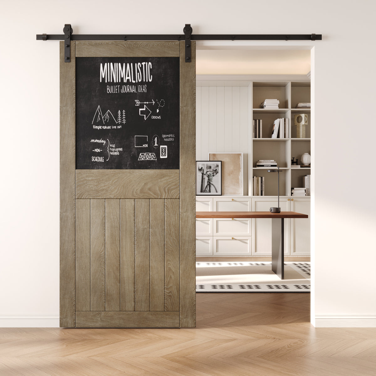 84-inch gray chalkboard barn door installed near a home office