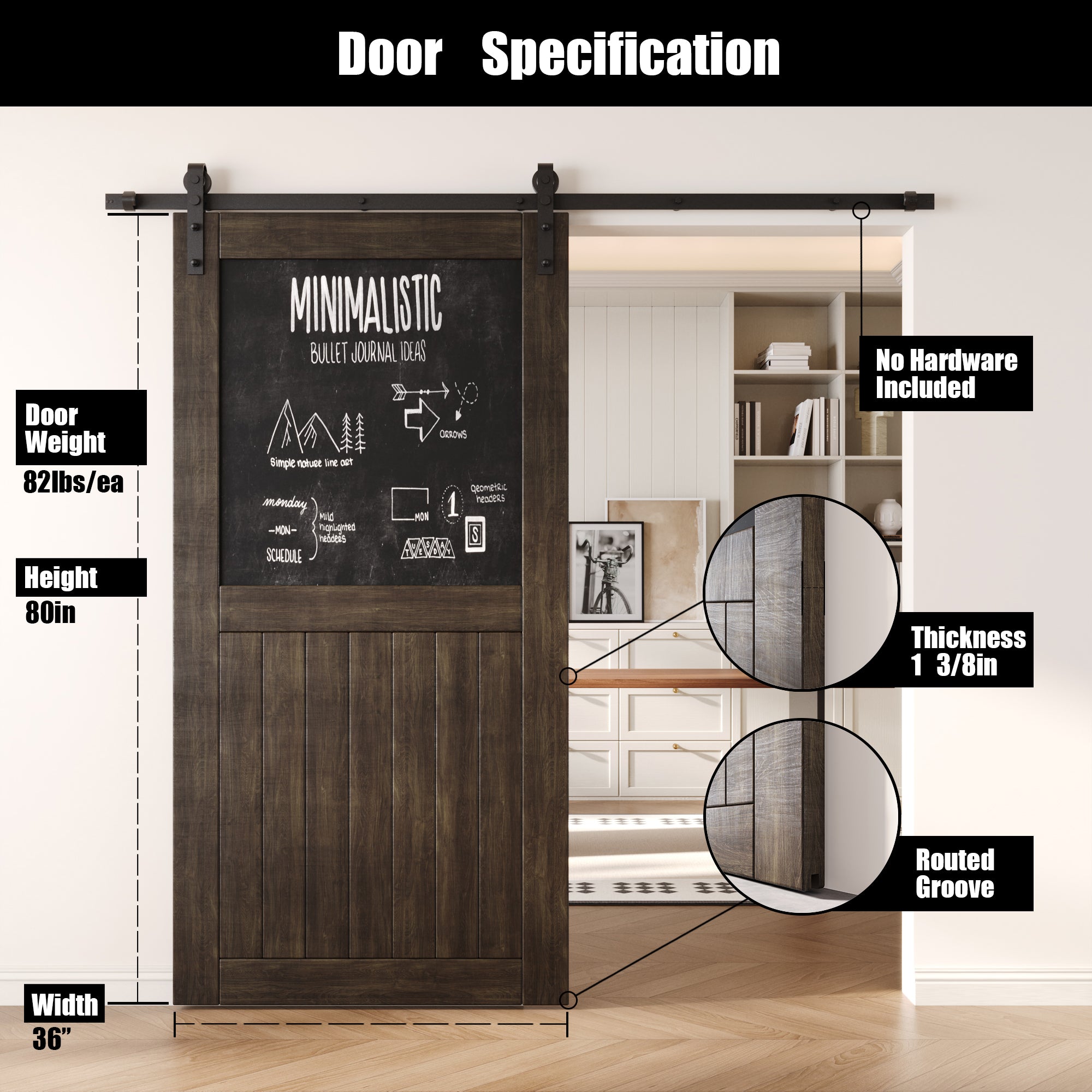 80" Height Ebony Top Chalkboard Panel Unassembled & Finished Pine Wood Barn Door (Interior Use Only)